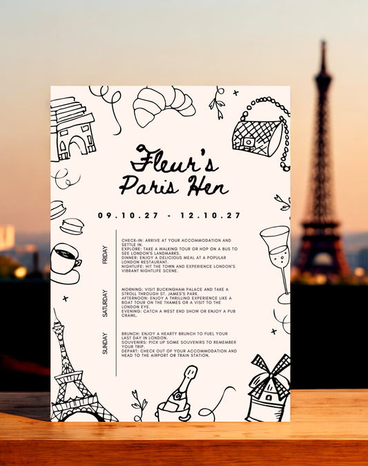 Fleur Parisian Hen Itinerary & Invitation