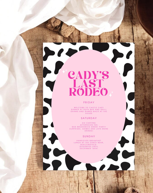 Cady Cow Print Last Rodeo Hen Itinerary - Ivy and Gold Wedding Stationery