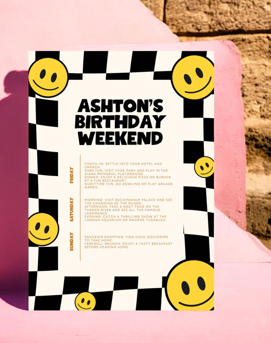 Ashton Checkered Smiley Birthday Invitation & Itinerary - Ivy and Gold Wedding Stationery