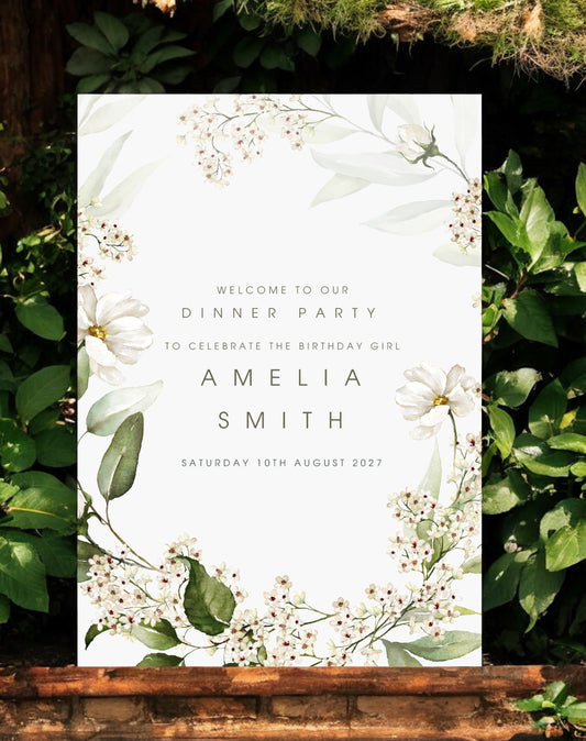 Amelia Floral Birthday Party Welcome Sign - Ivy and Gold Wedding Stationery