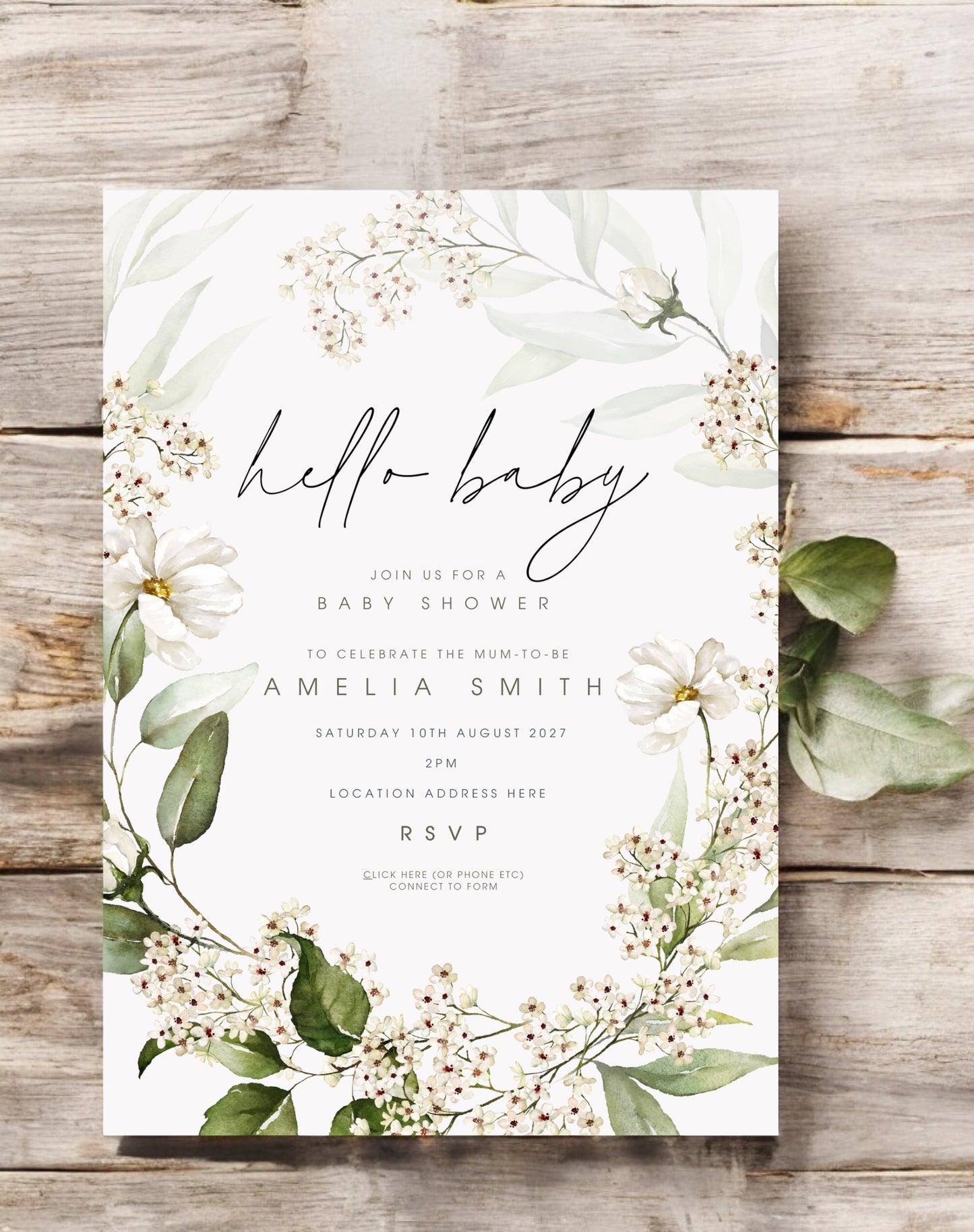 Amelia White Floral Baby Shower Invitation - Ivy and Gold Wedding Stationery