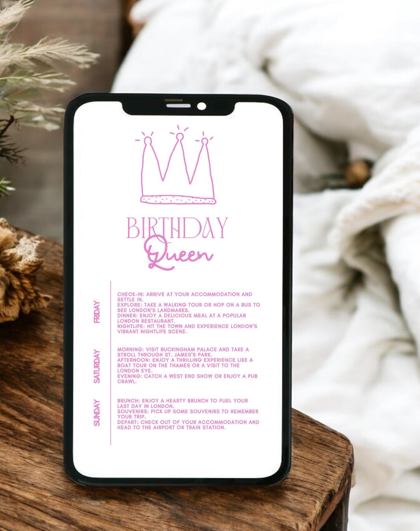 Birthday Queen Itinerary - Ivy and Gold Wedding Stationery