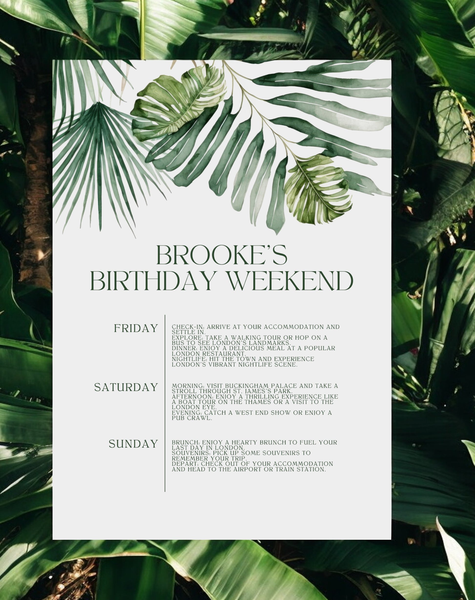 Brooke Tropical Birthday Itinerary & Invitation - Ivy and Gold Wedding Stationery