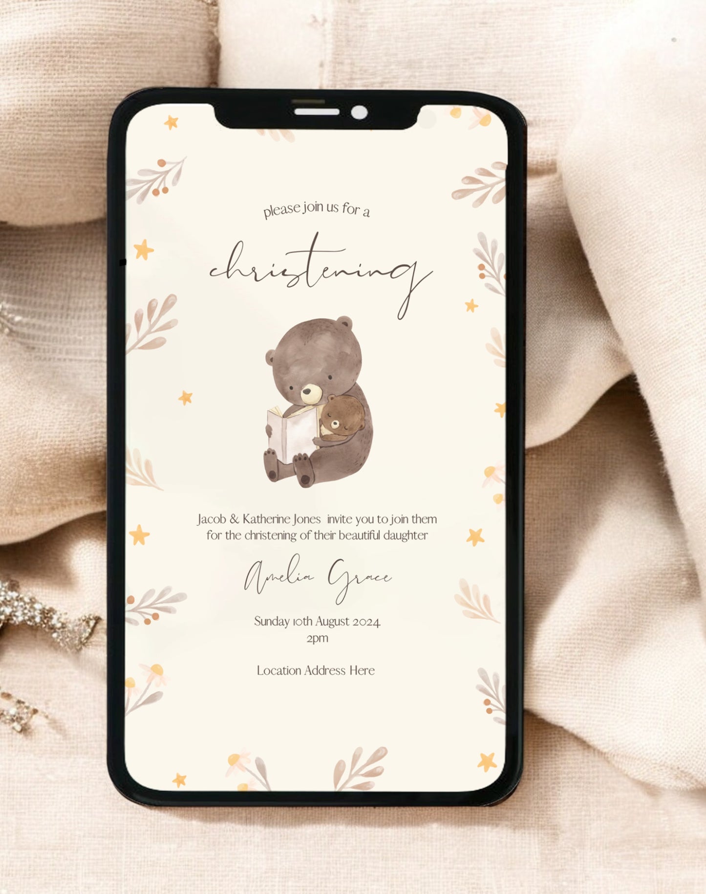 Teddy Bear Christening Invitation - Ivy and Gold Wedding Stationery