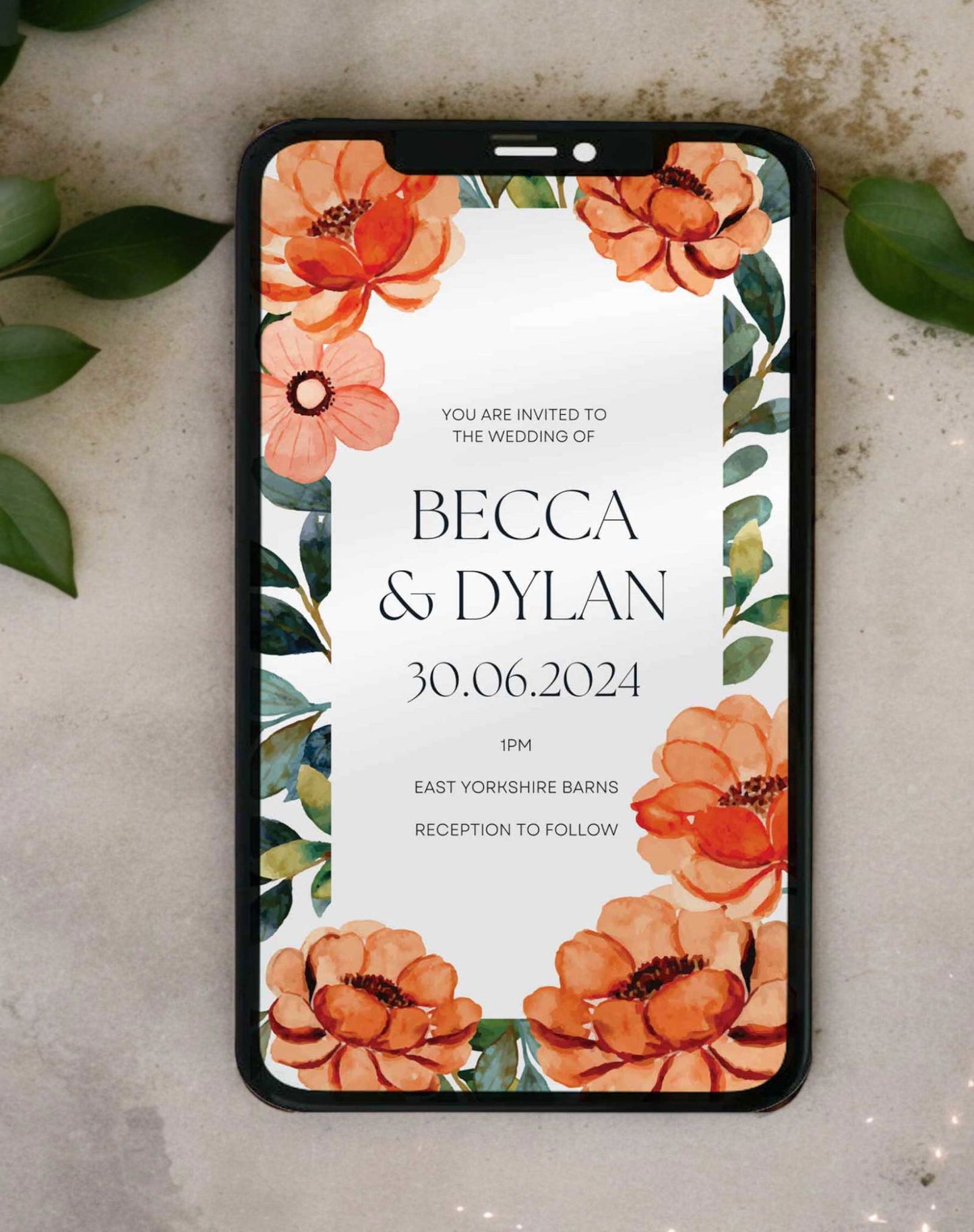Becca Digital Wedding Invitation - Ivy and Gold Wedding Stationery -  