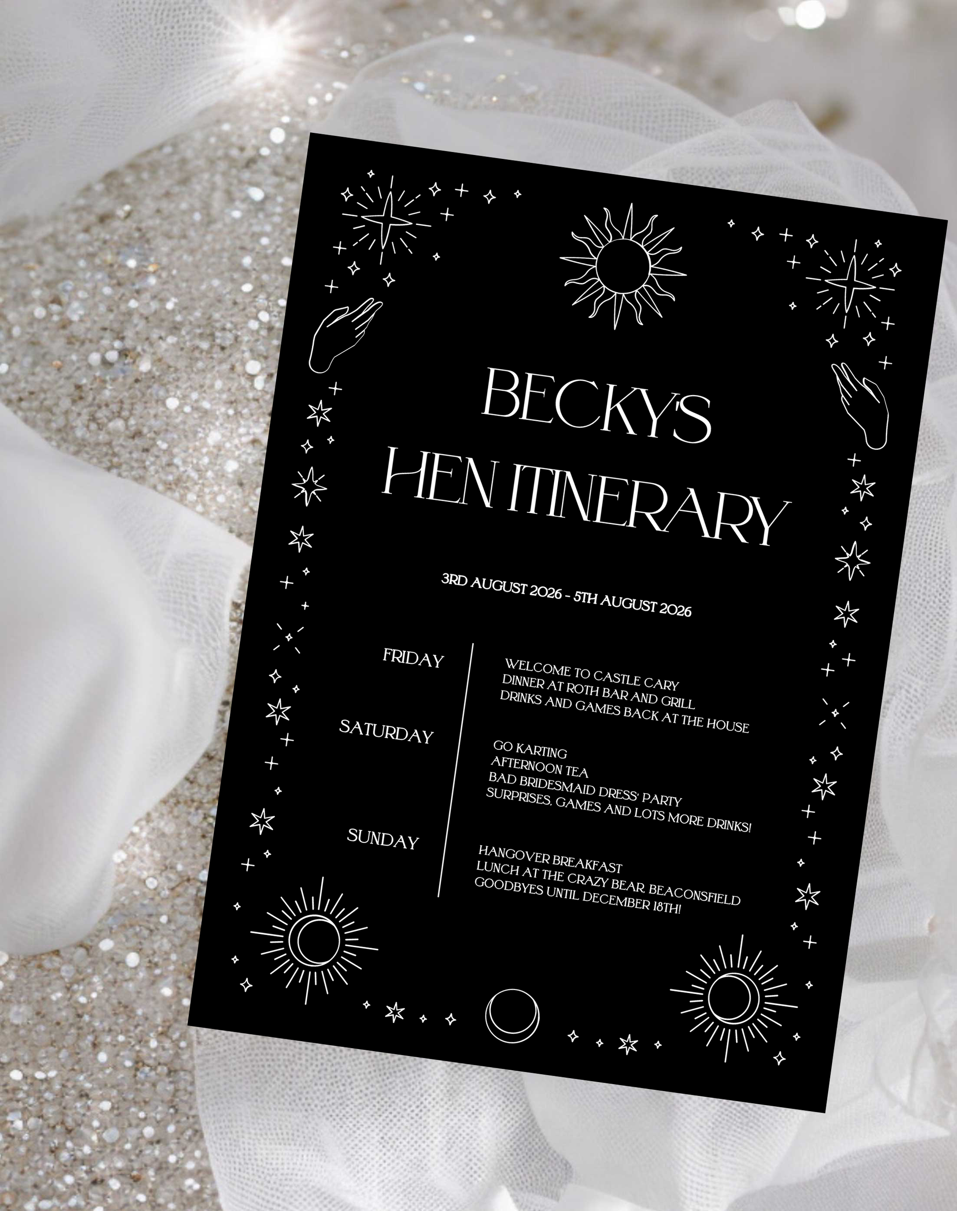 Becky Celestial Hen Itinerary - Ivy and Gold Wedding Stationery