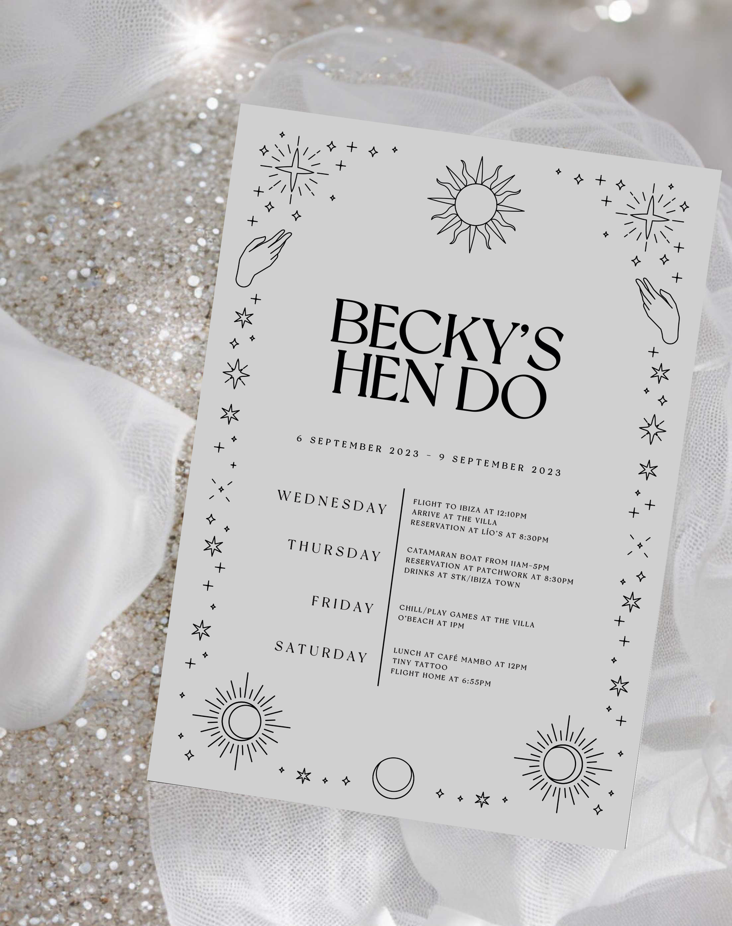 Becky Celestial Hen Itinerary - Ivy and Gold Wedding Stationery