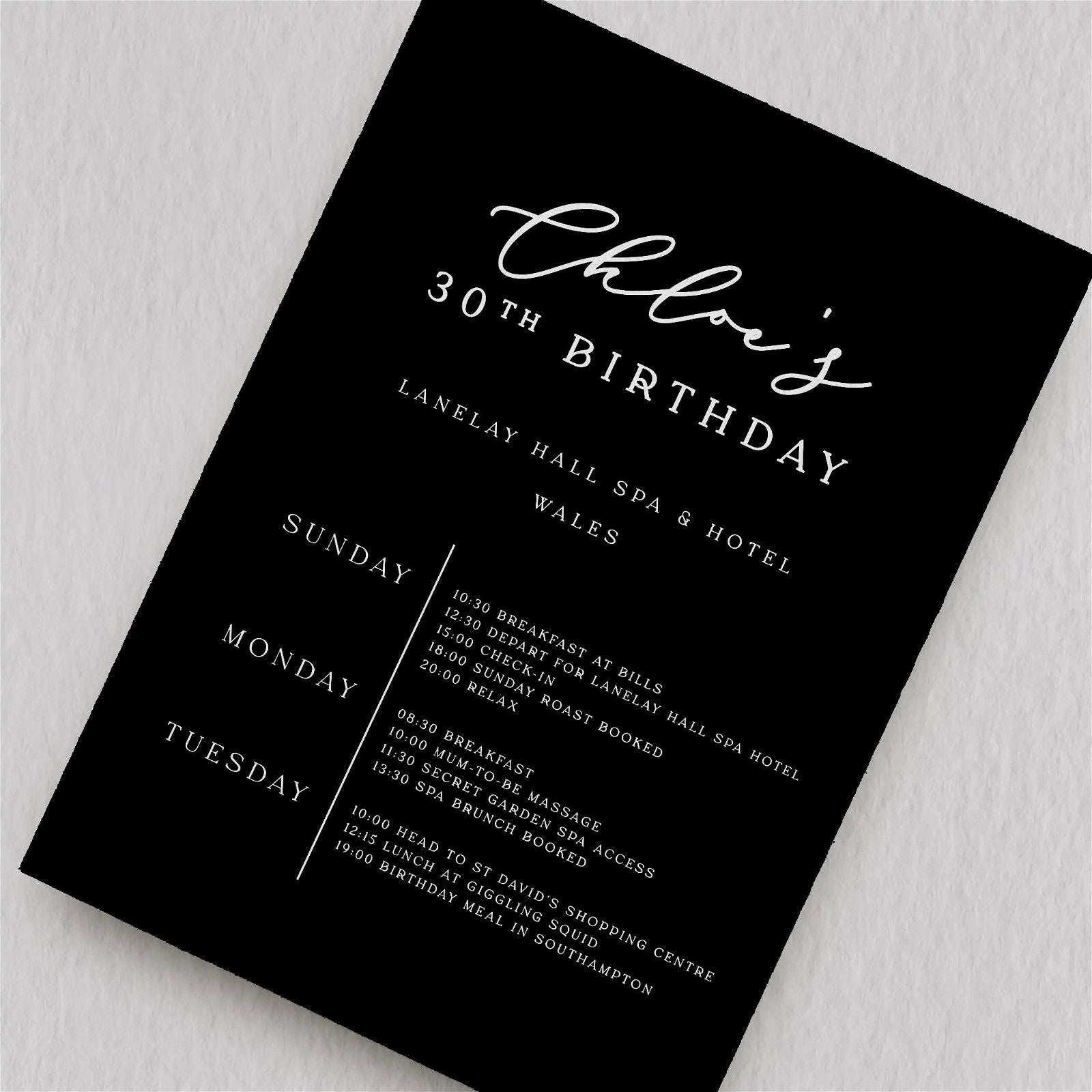 Birthday Itinerary  Ivy and Gold Wedding Stationery   