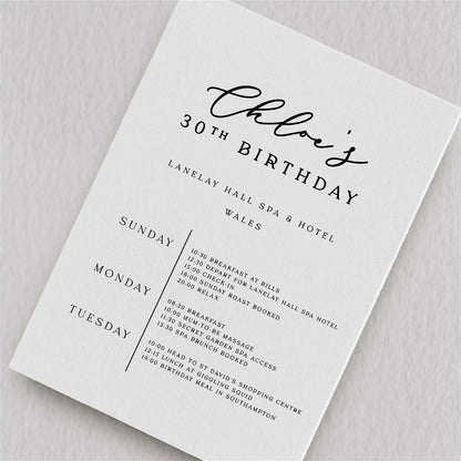 Birthday Itinerary  Ivy and Gold Wedding Stationery   