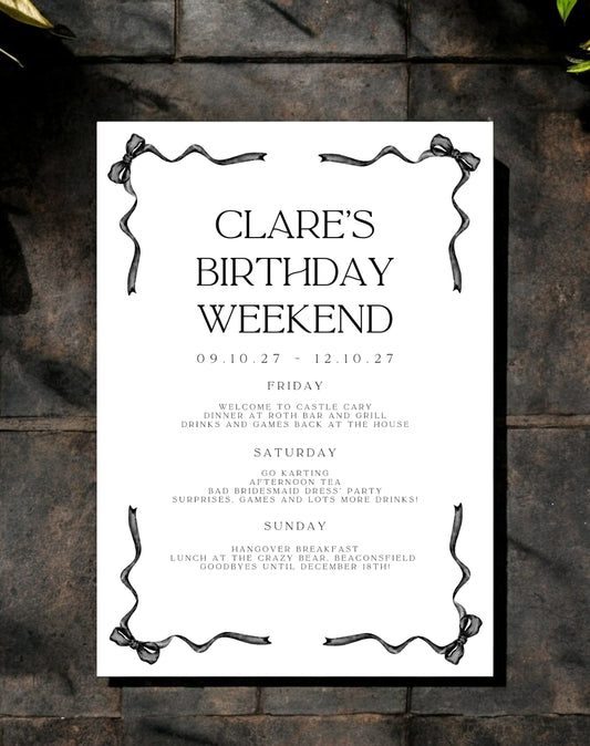 Clare Bow Birthday Weekend Itinerary - Ivy and Gold Wedding Stationery