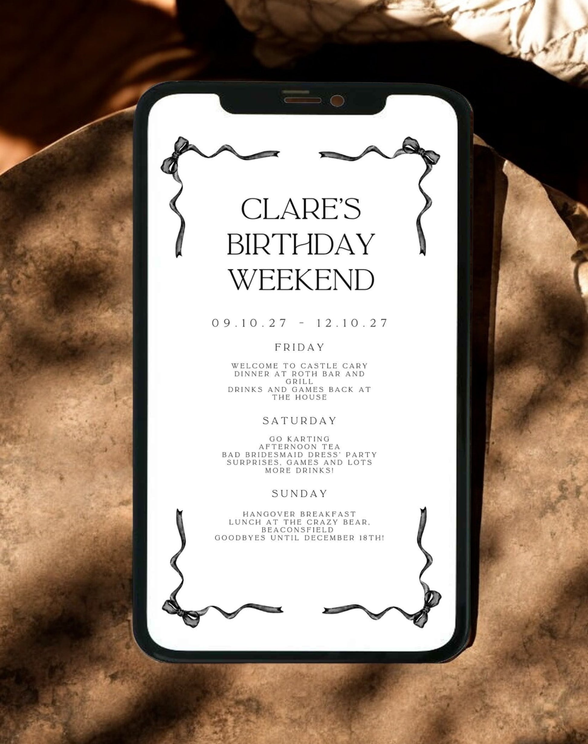 Clare Bow Birthday Weekend Itinerary - Ivy and Gold Wedding Stationery