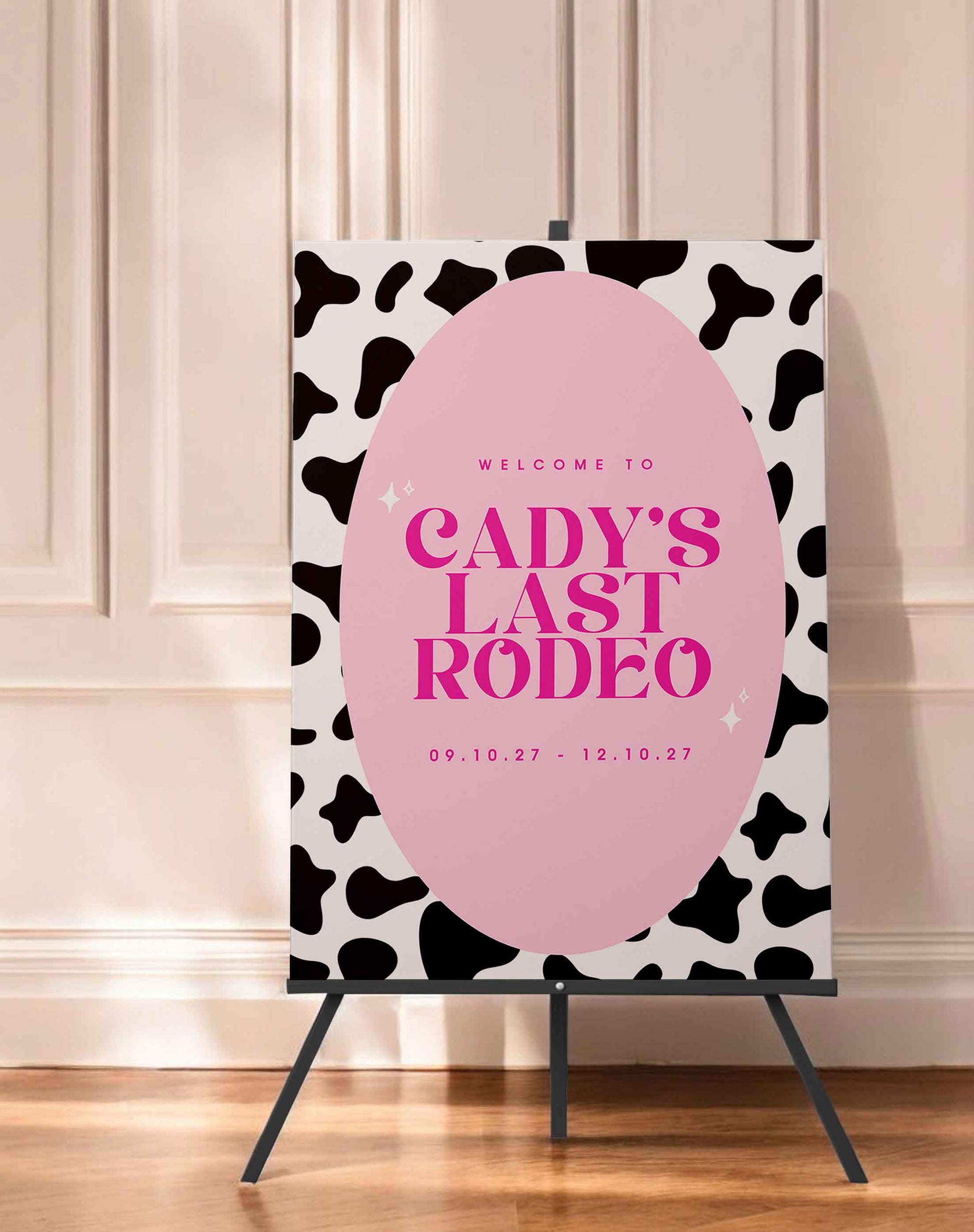 Cady Last Rodeo Cow Print Hen Party Sign - Ivy and Gold Wedding Stationery