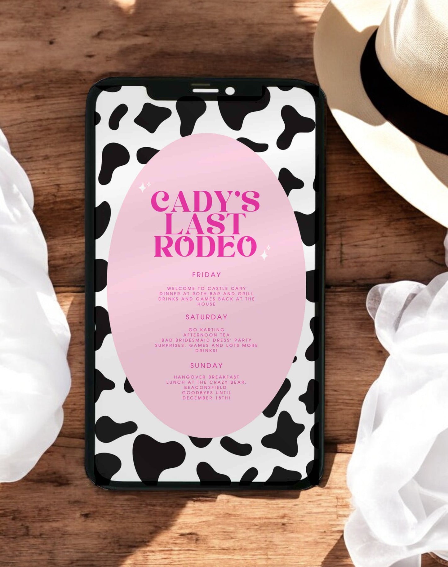 Cady Cow Print Last Rodeo Hen Itinerary - Ivy and Gold Wedding Stationery