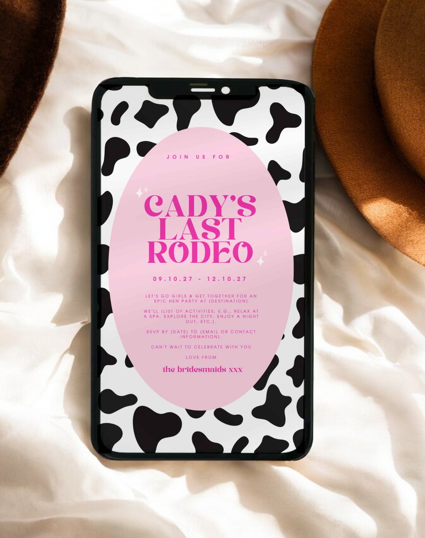 Cady Cow Print Last Rodeo Hen Itinerary - Ivy and Gold Wedding Stationery