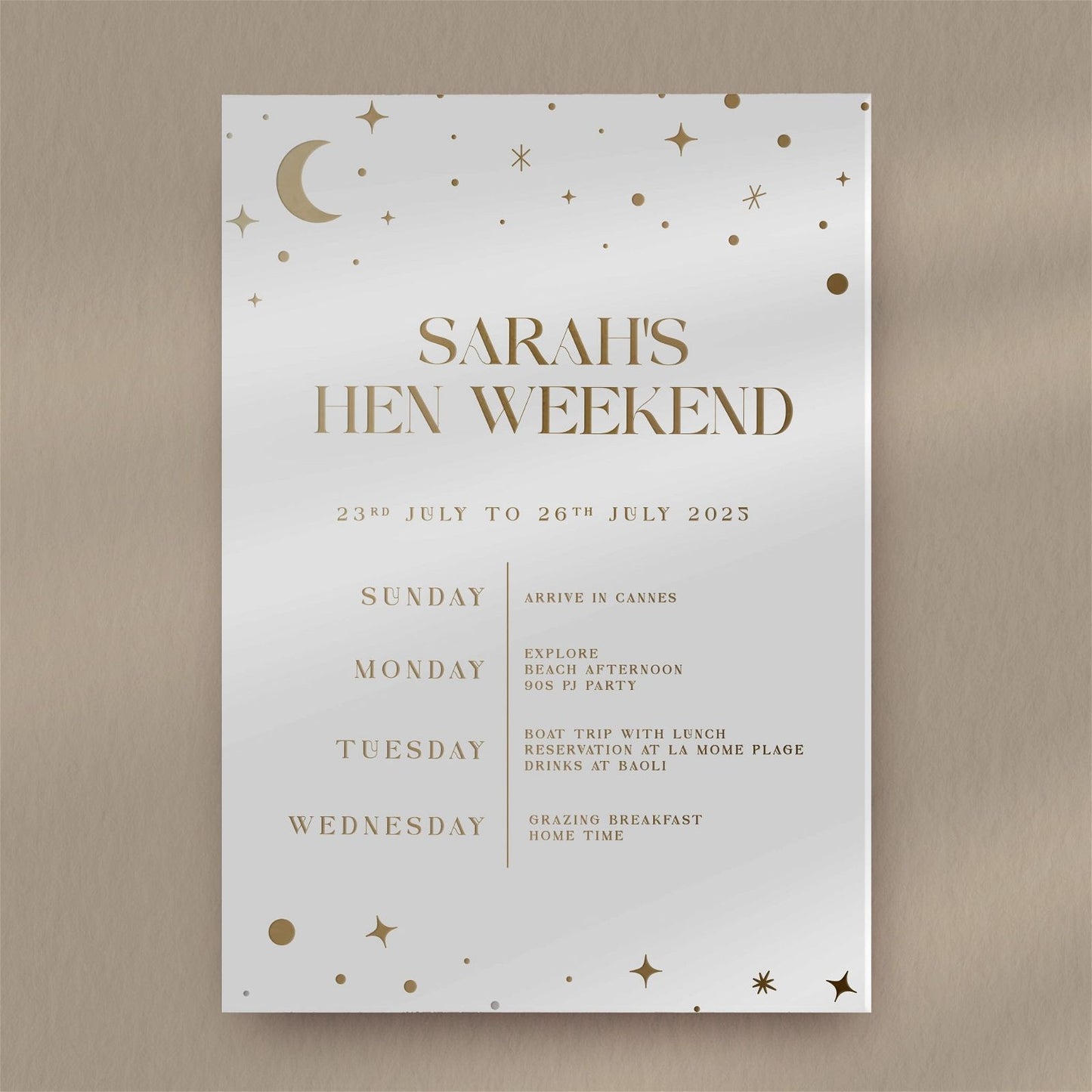 Celestial Hen Itinerary  Ivy and Gold Wedding Stationery   