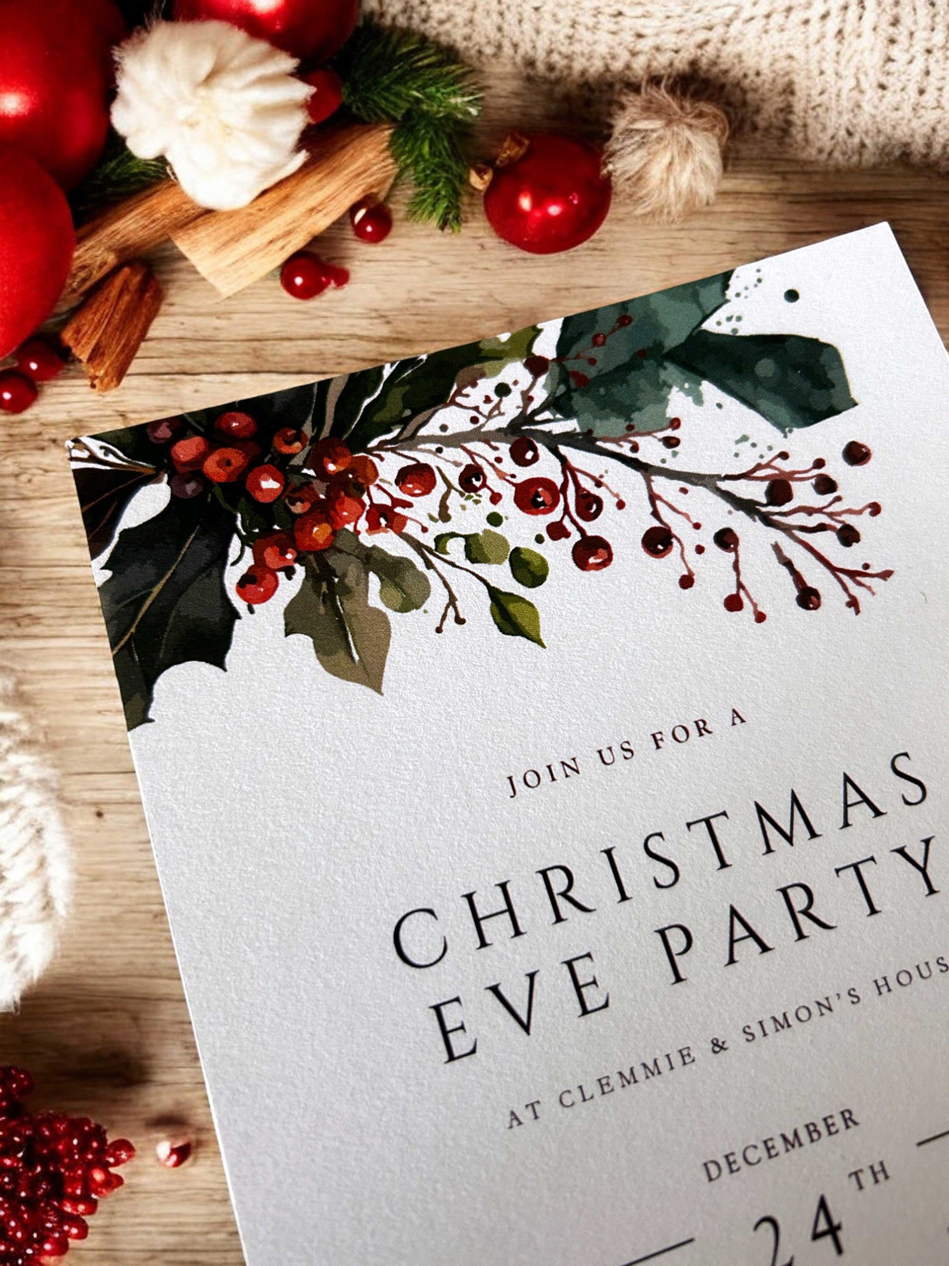 Clemmie | Holly Christmas Party Invitation - Ivy and Gold Wedding Stationery