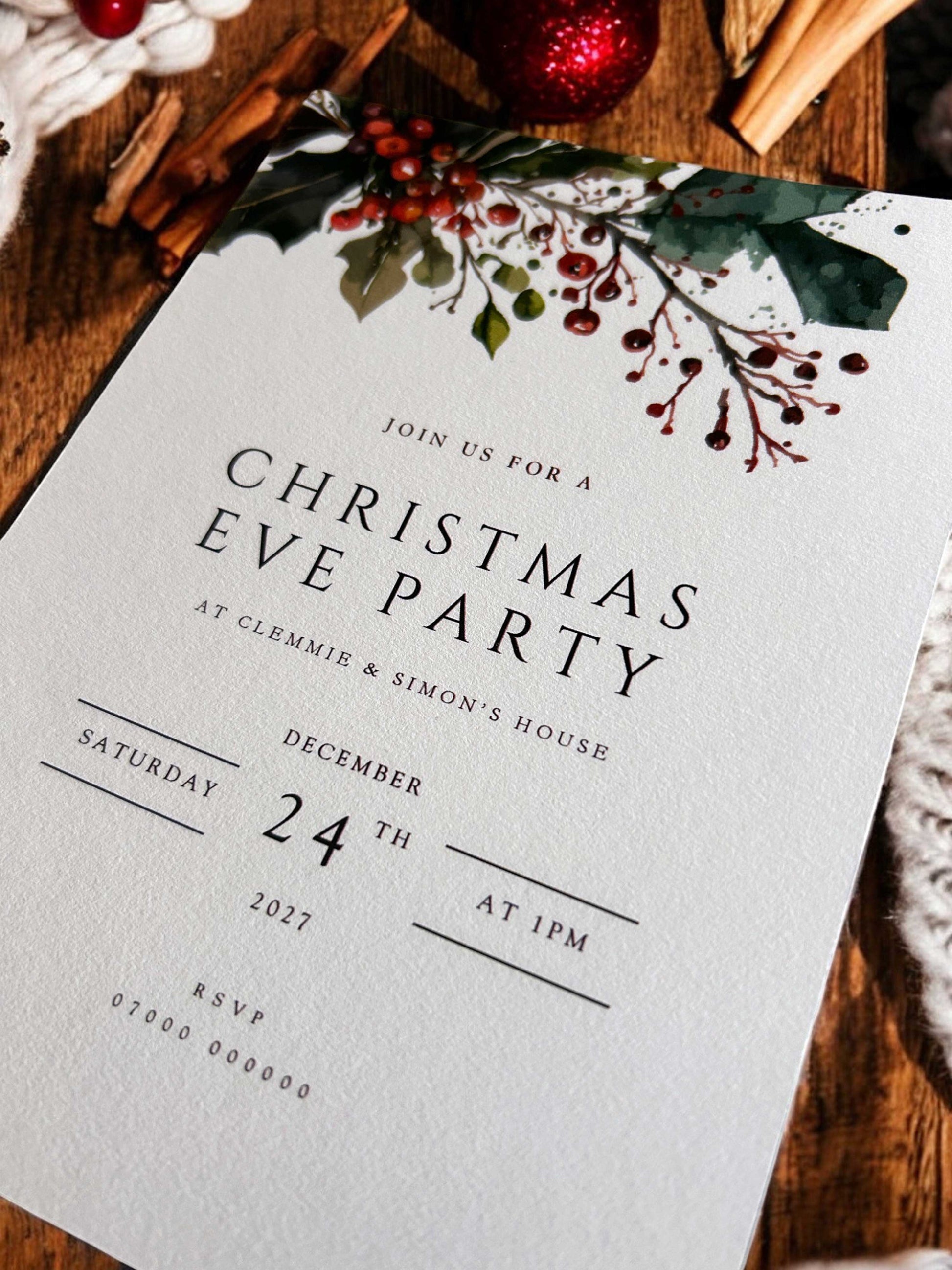 Clemmie | Holly Christmas Party Invitation - Ivy and Gold Wedding Stationery