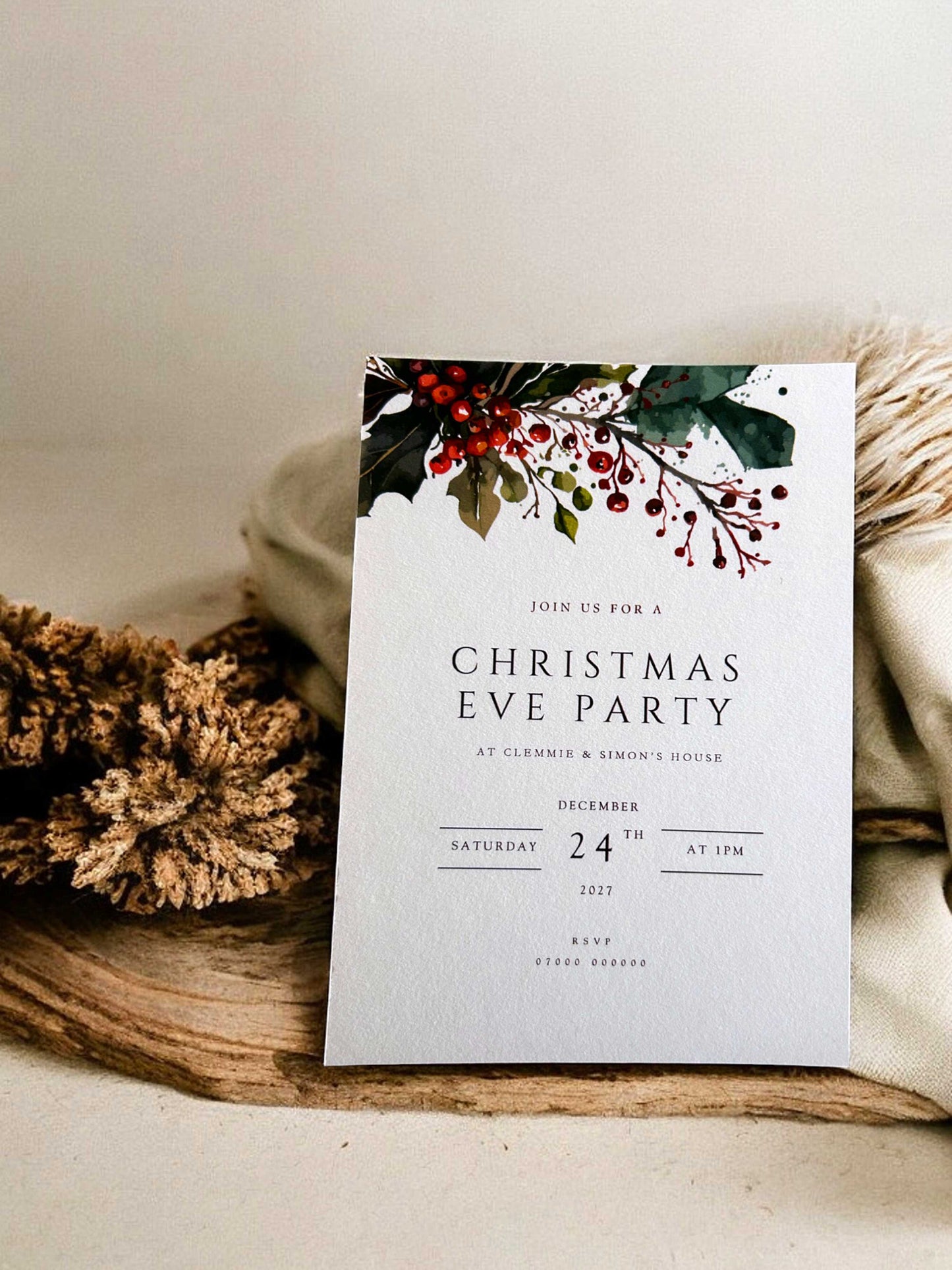 Clemmie | Holly Christmas Party Invitation - Ivy and Gold Wedding Stationery