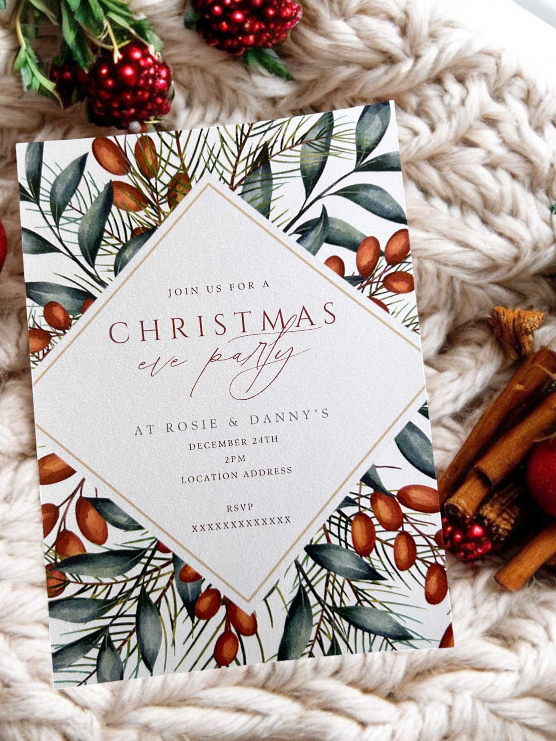 Winter Berry Christmas Party Invitation - Ivy and Gold Wedding Stationery