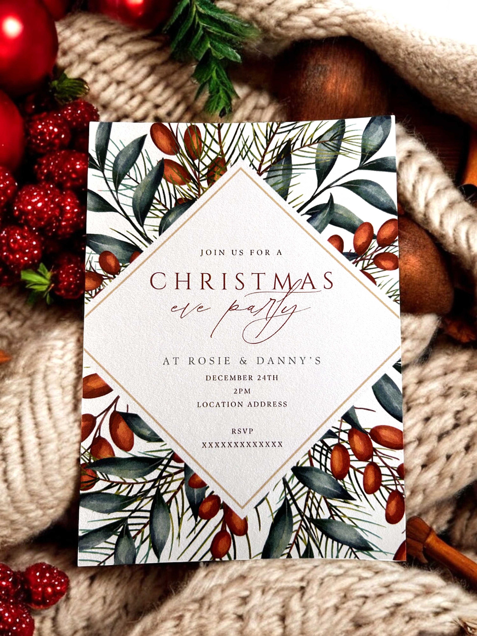 Winter Berry Personalized Christmas Party Invitations - Ivy and Gold Wedding Stationery