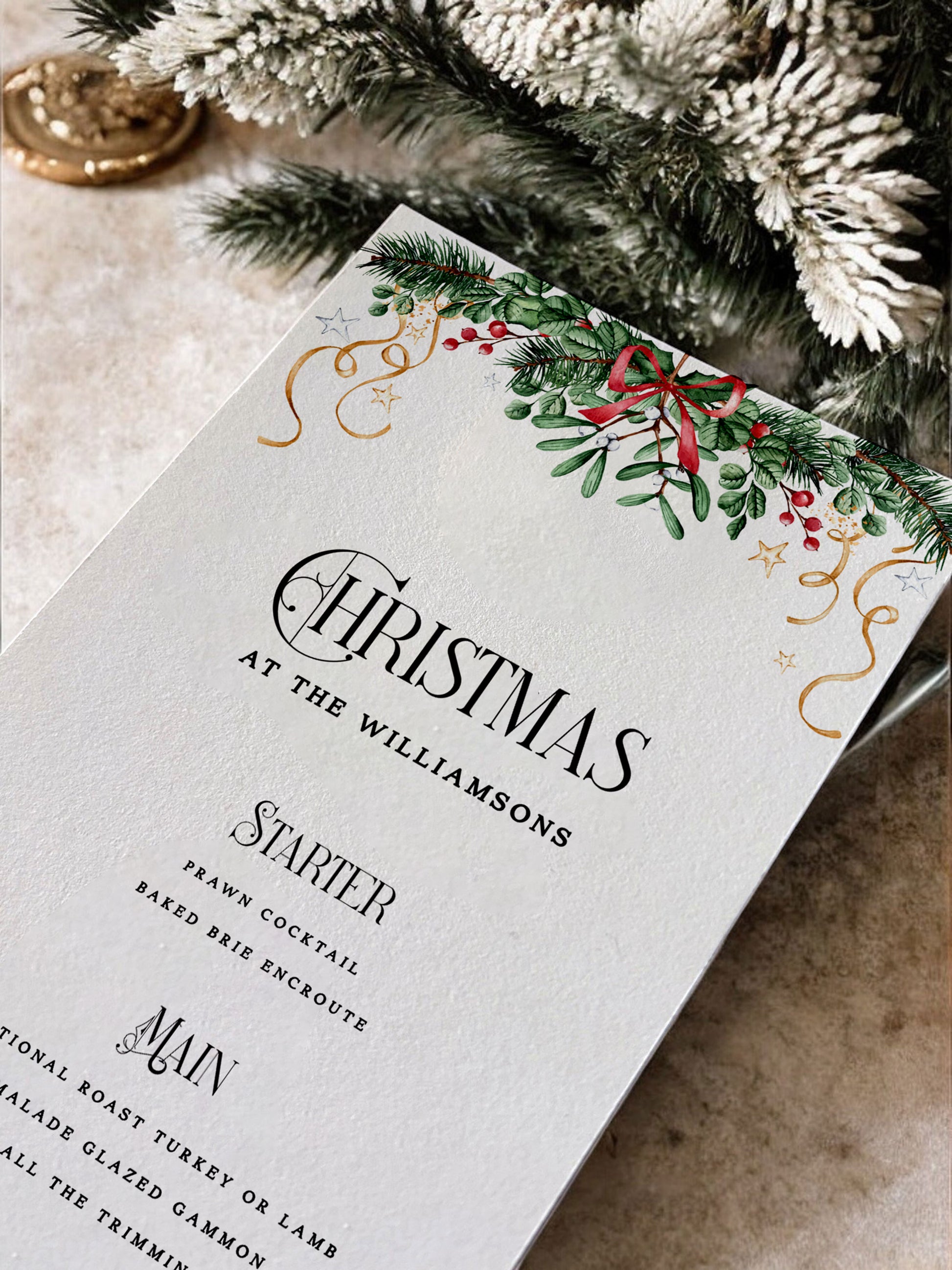 printed card of a christmas dinner menu template with a garland design