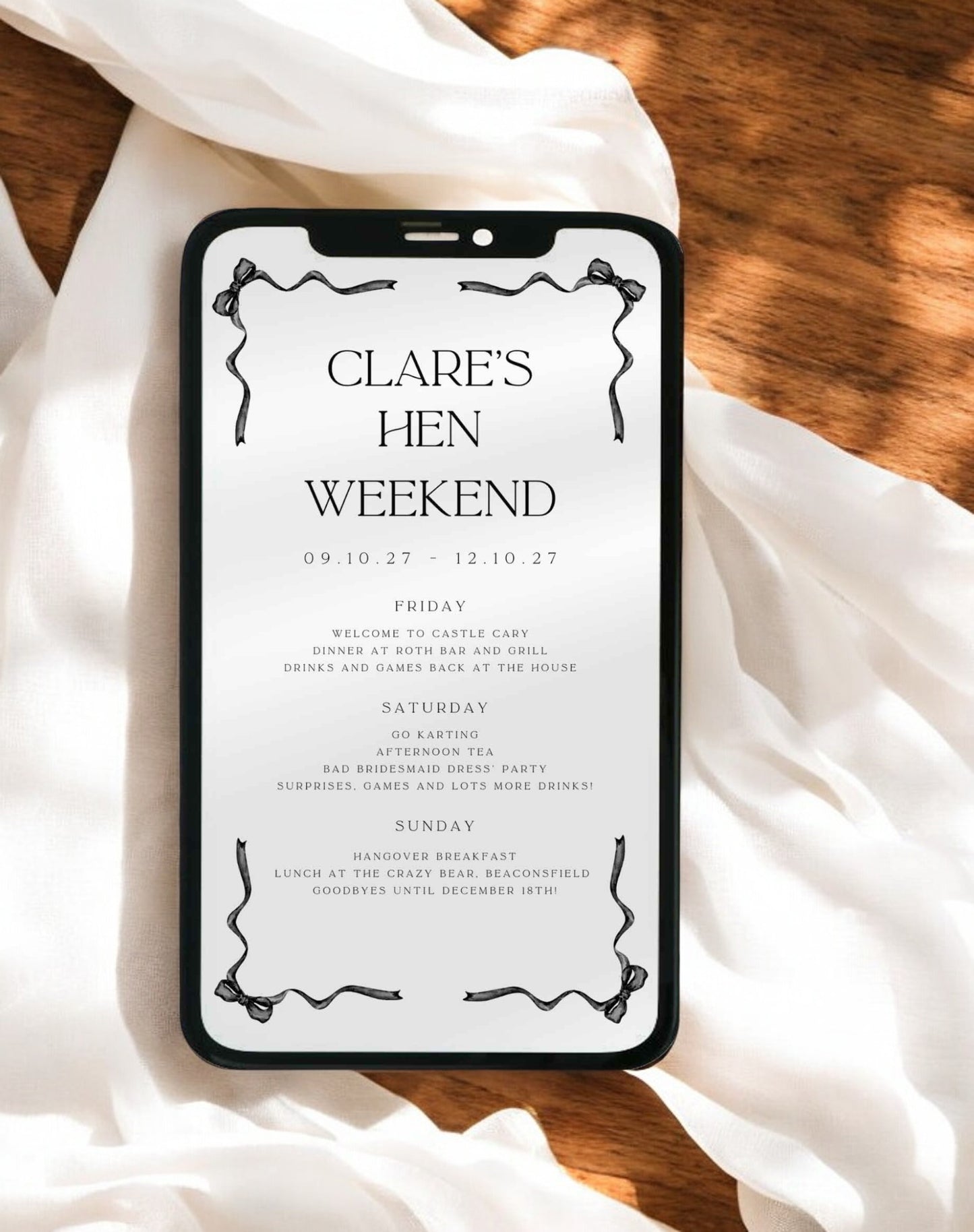 Clare Bow Hen Itinerary - Ivy and Gold Wedding Stationery