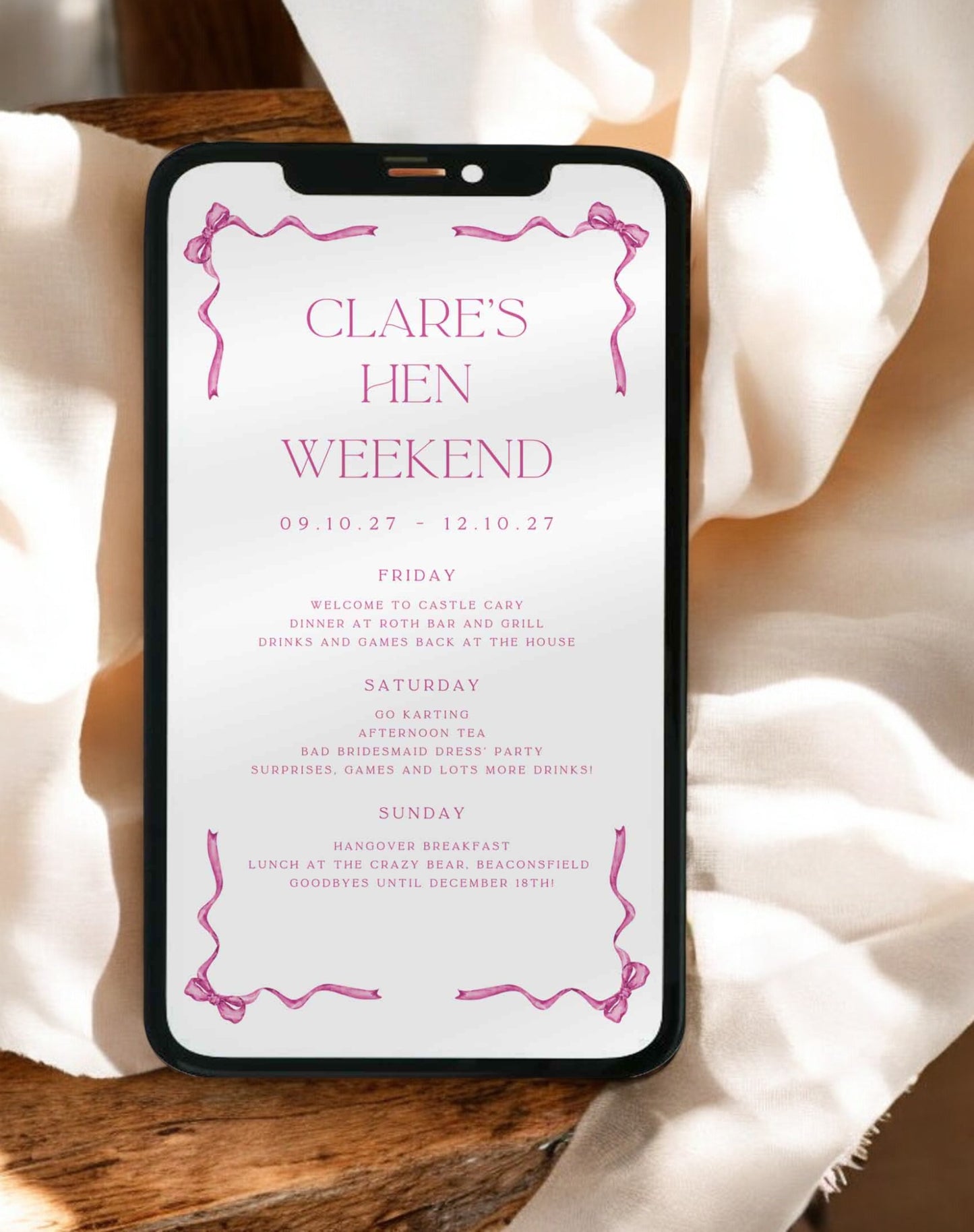 Clare Bow Hen Itinerary - Ivy and Gold Wedding Stationery