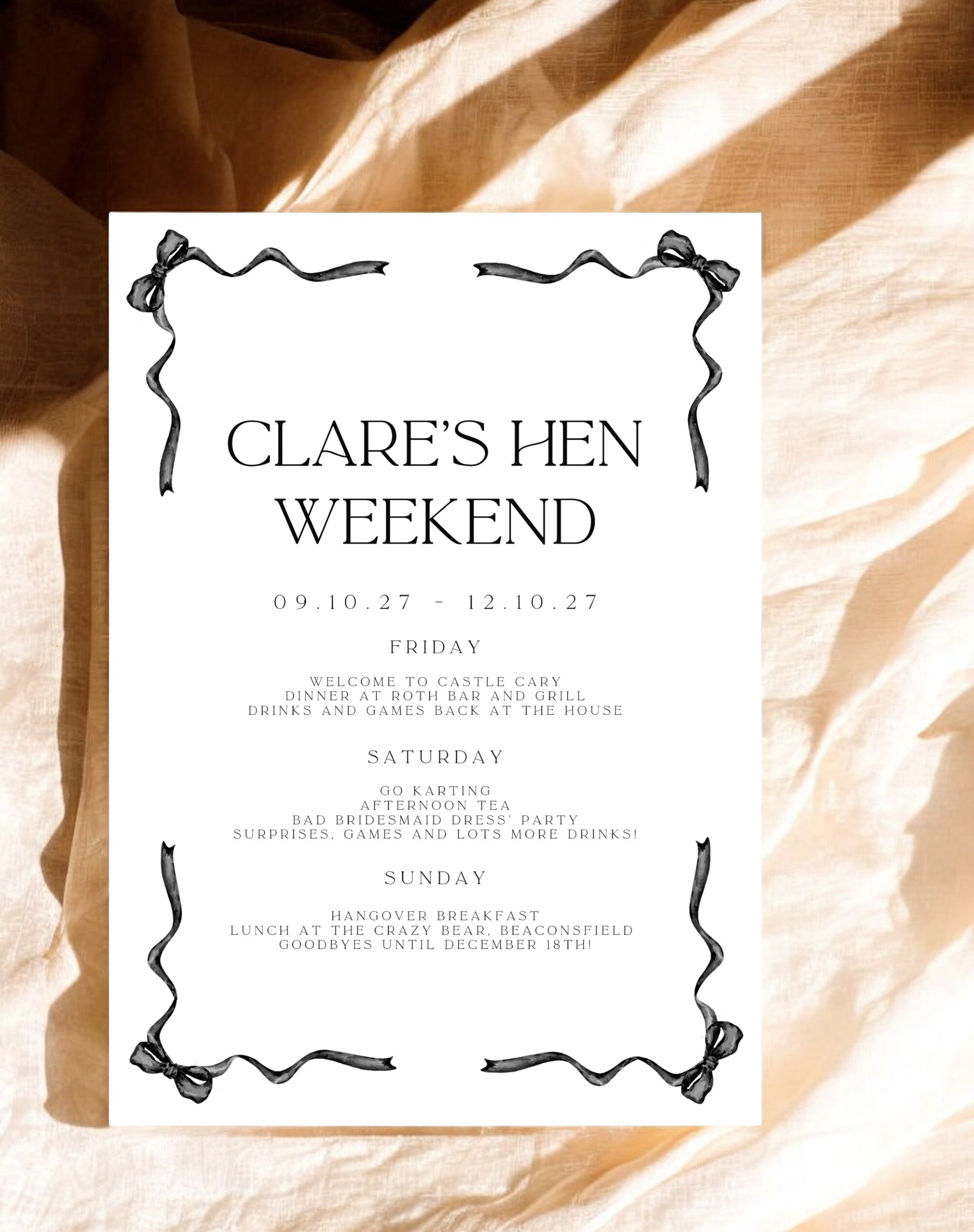 Clare Bow Hen Itinerary - Ivy and Gold Wedding Stationery