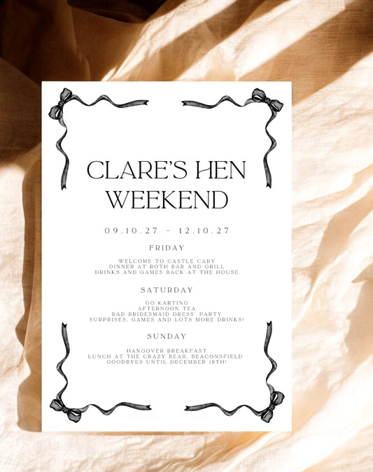 Clare Bow Hen Itinerary - Ivy and Gold Wedding Stationery