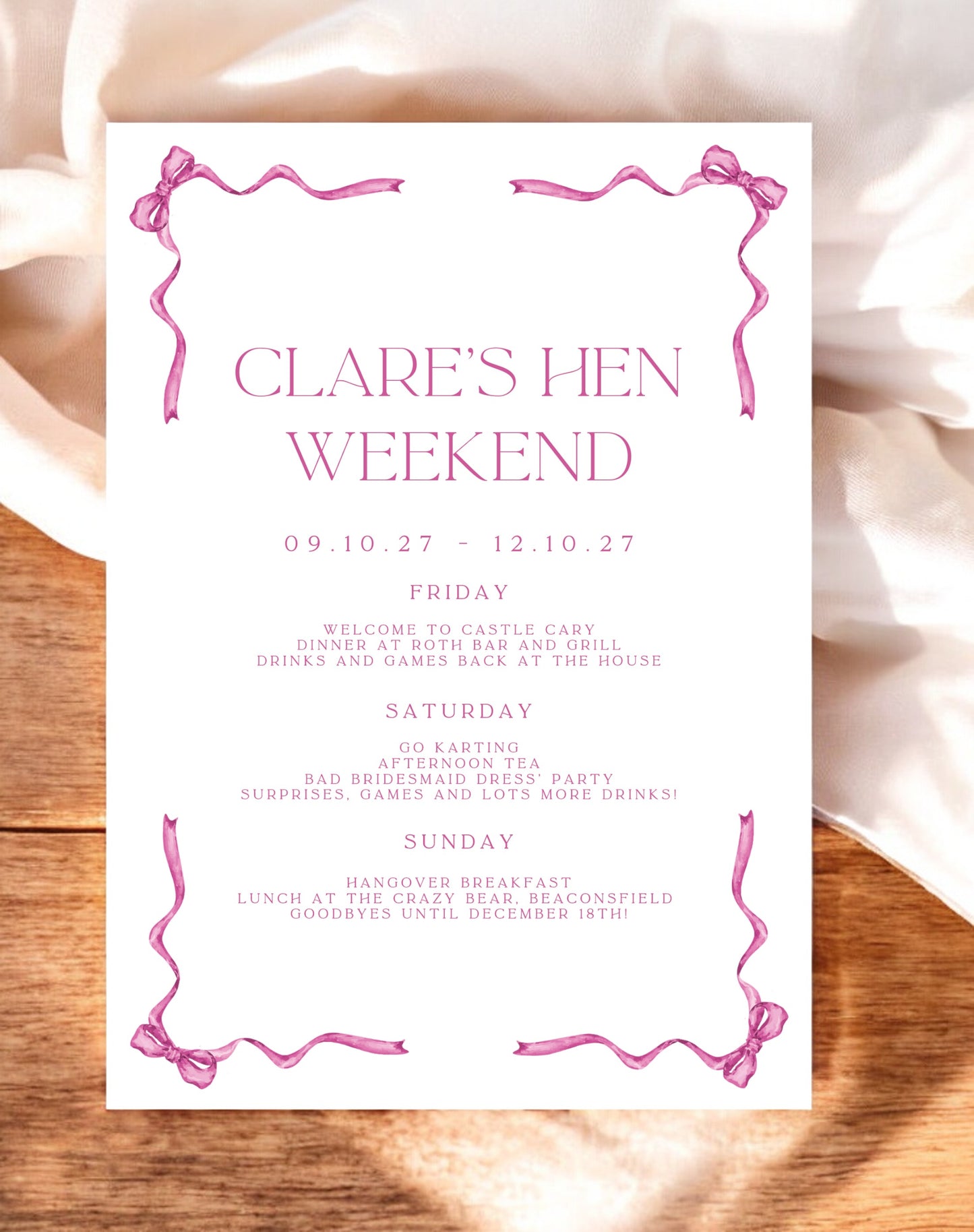 Clare Bow Hen Itinerary - Ivy and Gold Wedding Stationery