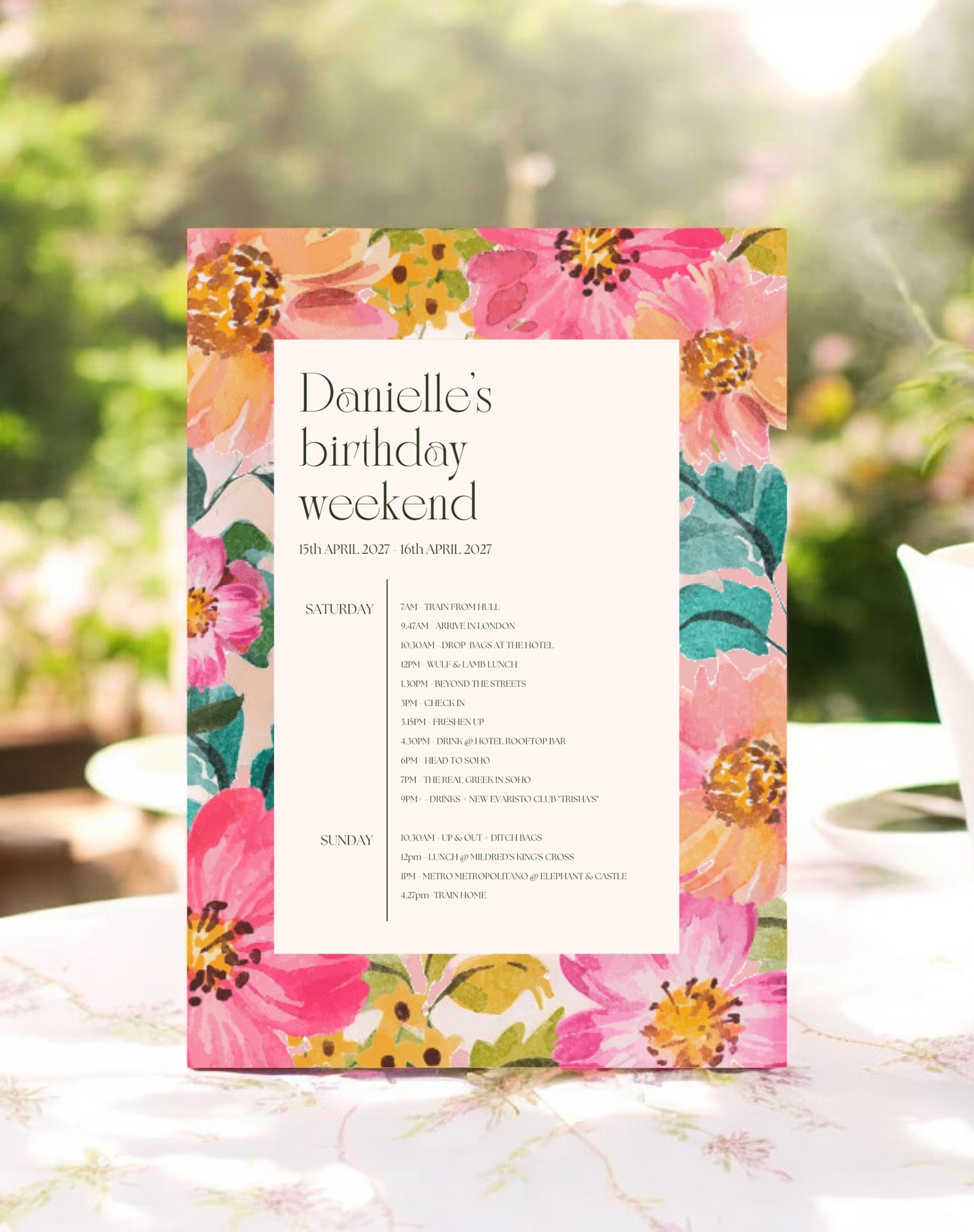 Danielle Floral Birthday Weekend Itinerary - Ivy and Gold Wedding Stationery