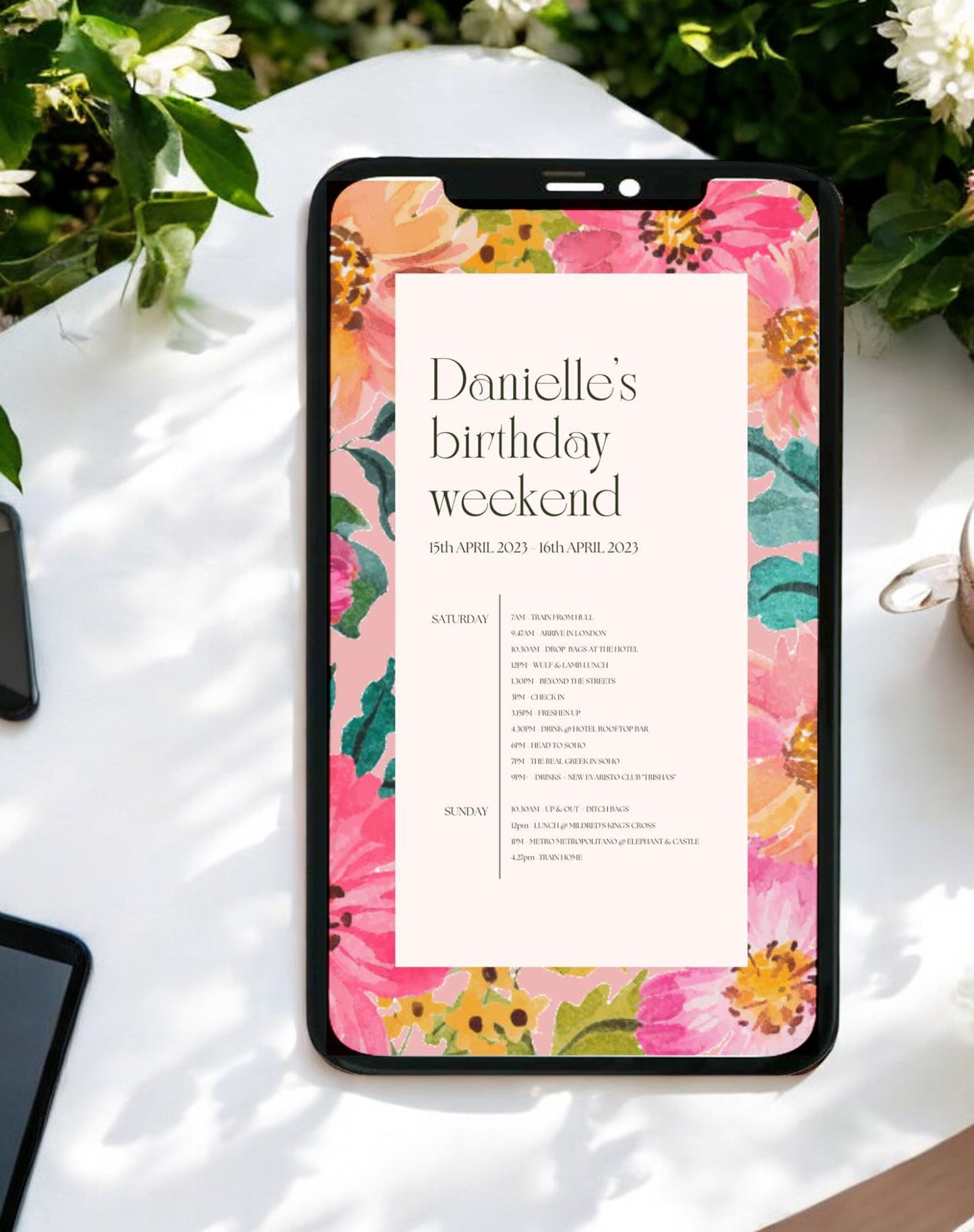 Danielle Floral Birthday Weekend Itinerary - Ivy and Gold Wedding Stationery