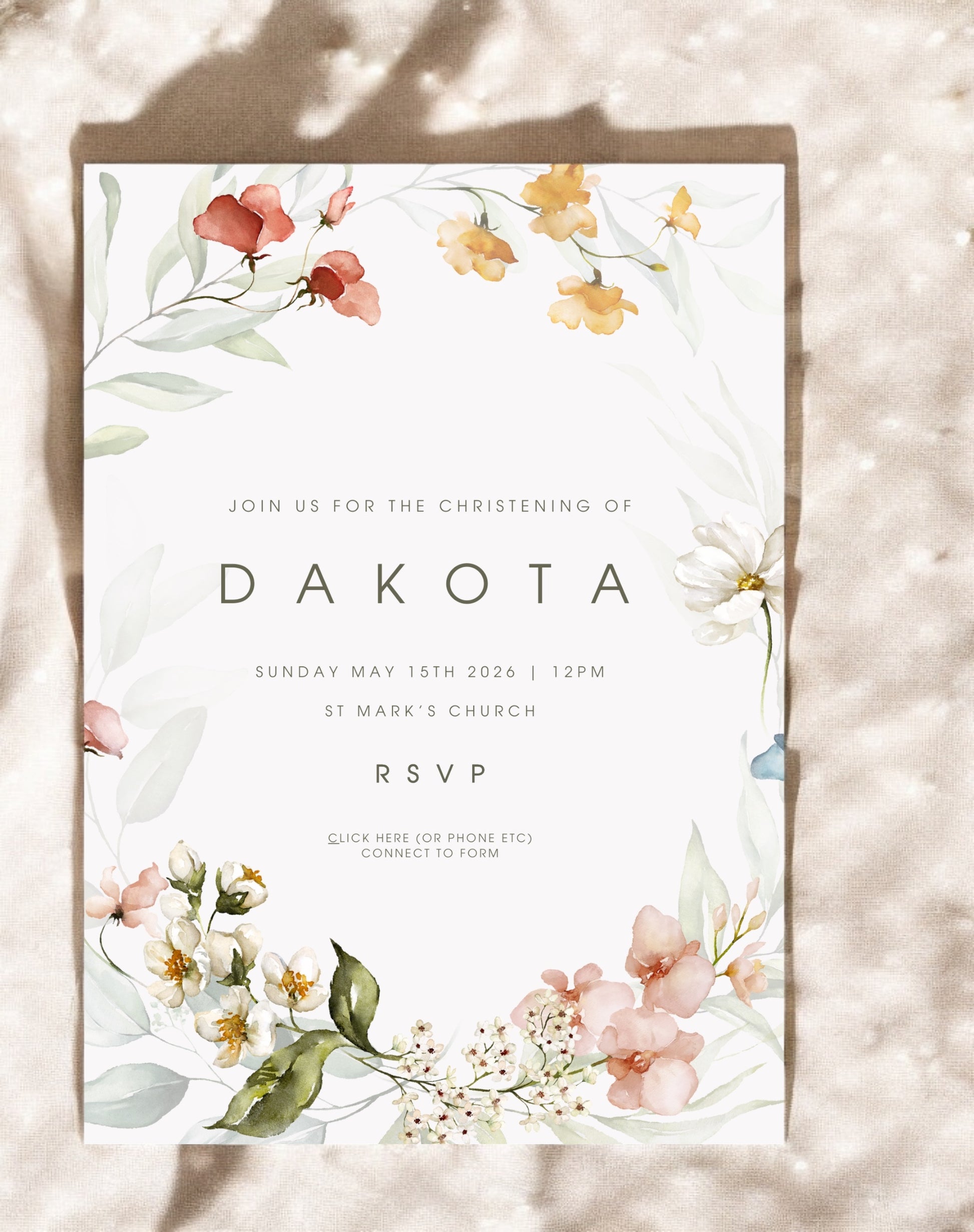 Dakota Wildflower Christening Invitation - Ivy and Gold Wedding Stationery