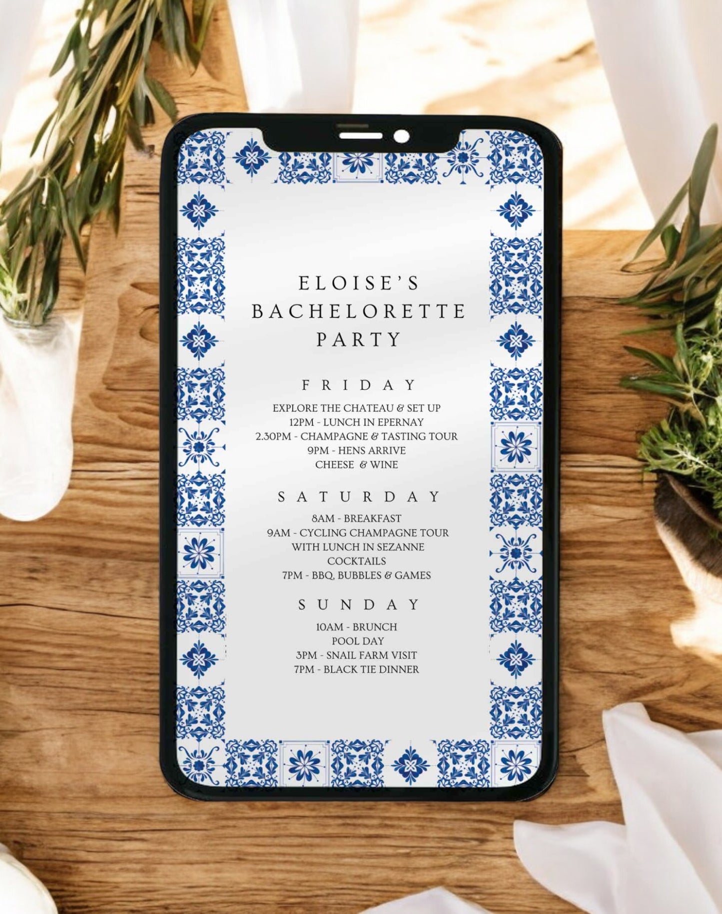 Eloise Mediterranean Hen Party Itinerary - Ivy and Gold Wedding Stationery