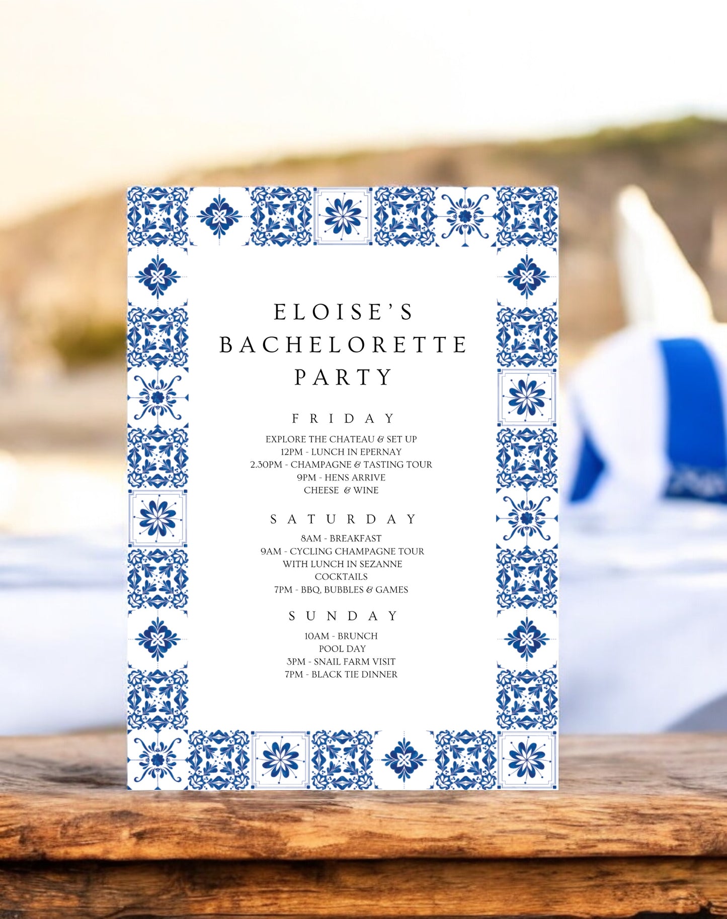 Eloise Mediterranean Hen Party Itinerary - Ivy and Gold Wedding Stationery