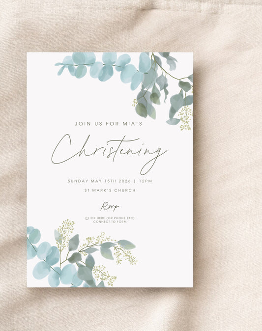 Mia Eucalyptus Christening Invitation