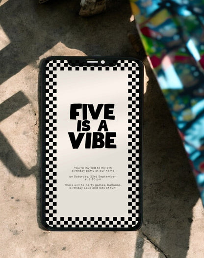 Five Is A Vibe Checkered Birthday Invitation - Ivy and Gold Wedding Stationery