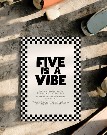 Five Is A Vibe Checkered Birthday Invitation - Ivy and Gold Wedding Stationery