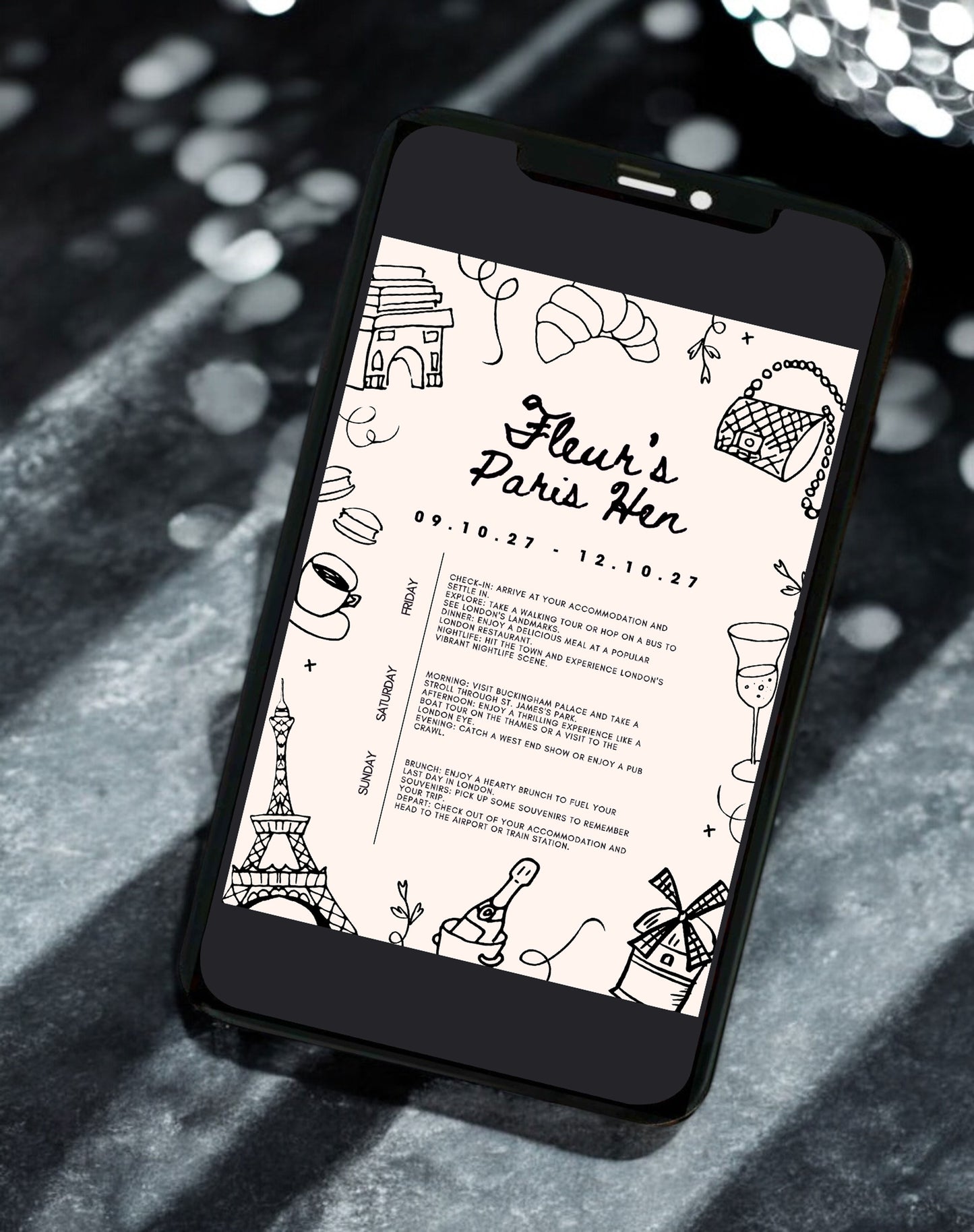 Fleur Parisian Hen Itinerary & Invitation Digital Template