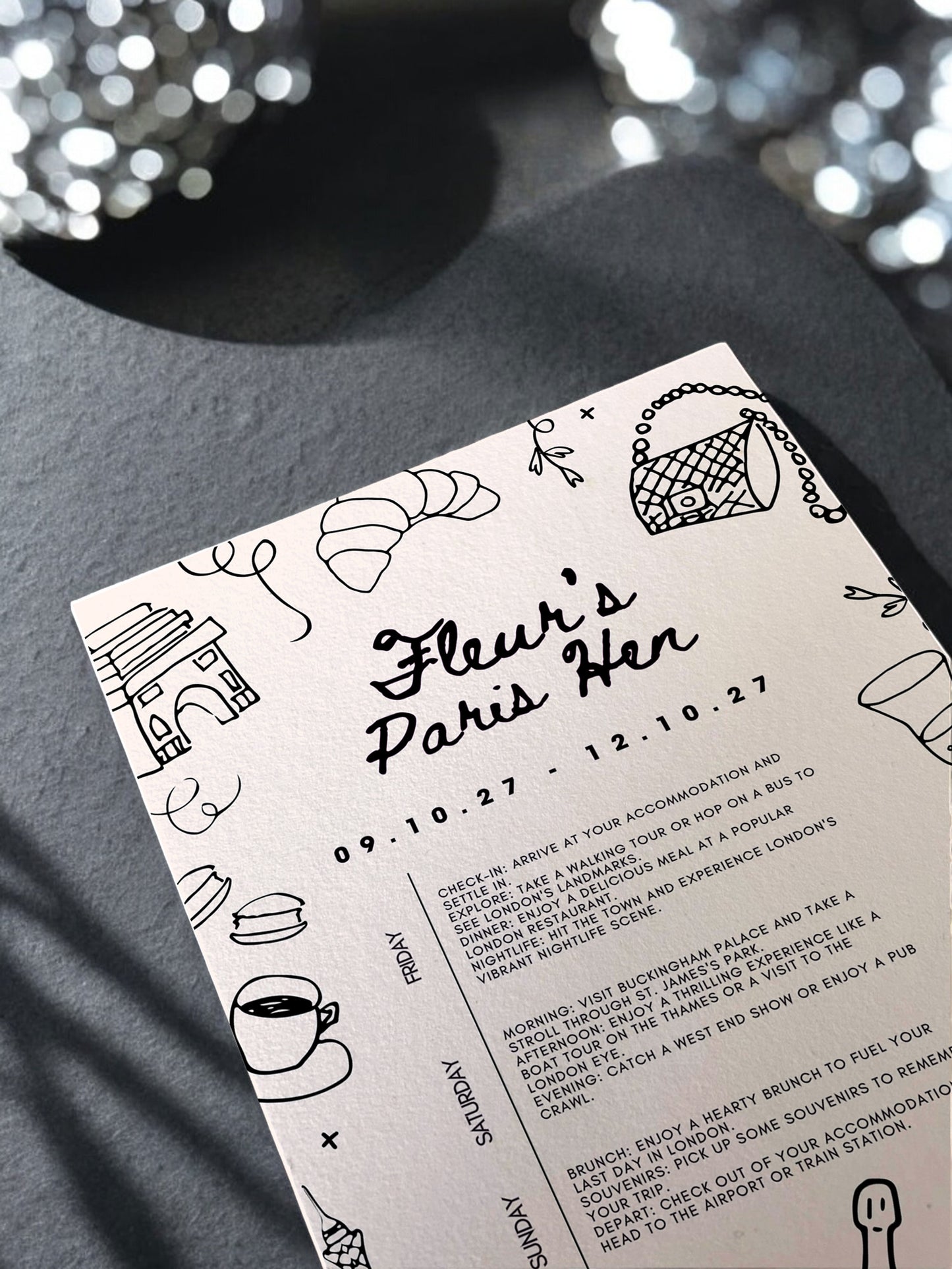 Fleur Parisian Hen Itinerary & Invitation