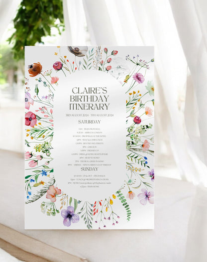 Claire Floral Birthday Weekend Itinerary & Invitation - Ivy and Gold Wedding Stationery