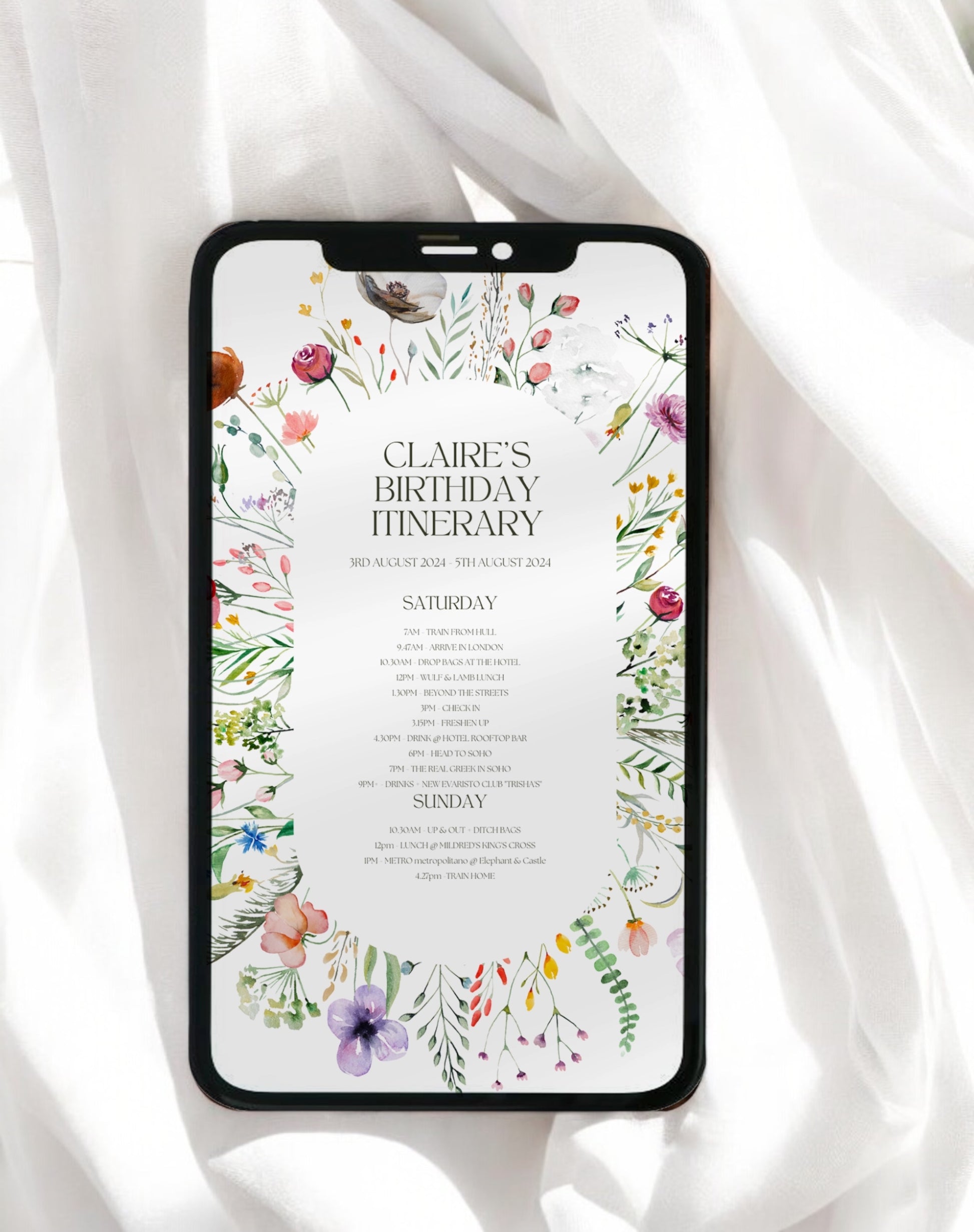 Claire Floral Birthday Weekend Itinerary & Invitation - Ivy and Gold Wedding Stationery