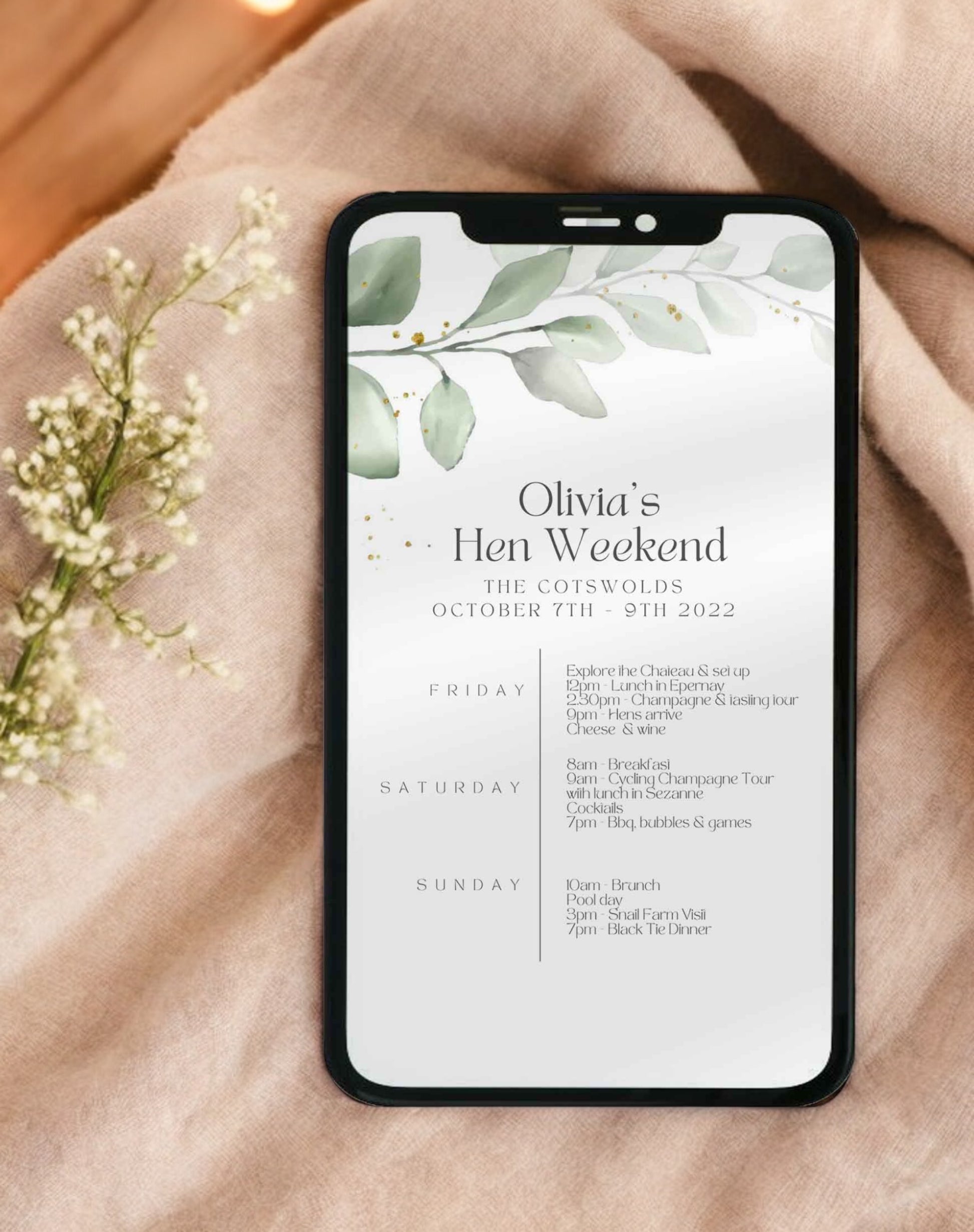 Olivia Foliage Hen Party Itinerary Card - Ivy and Gold Wedding Stationery