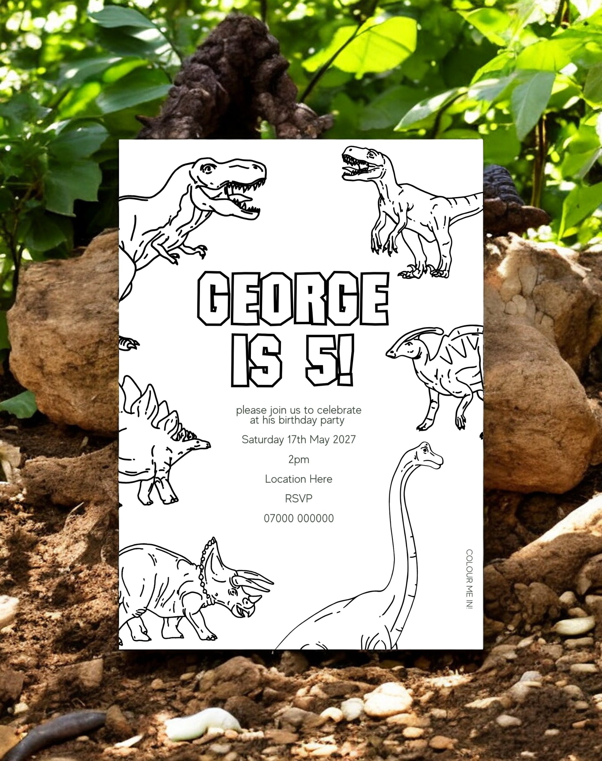 George Dinosaur Birthday Invitation (Colour-In) - Ivy and Gold Wedding Stationery