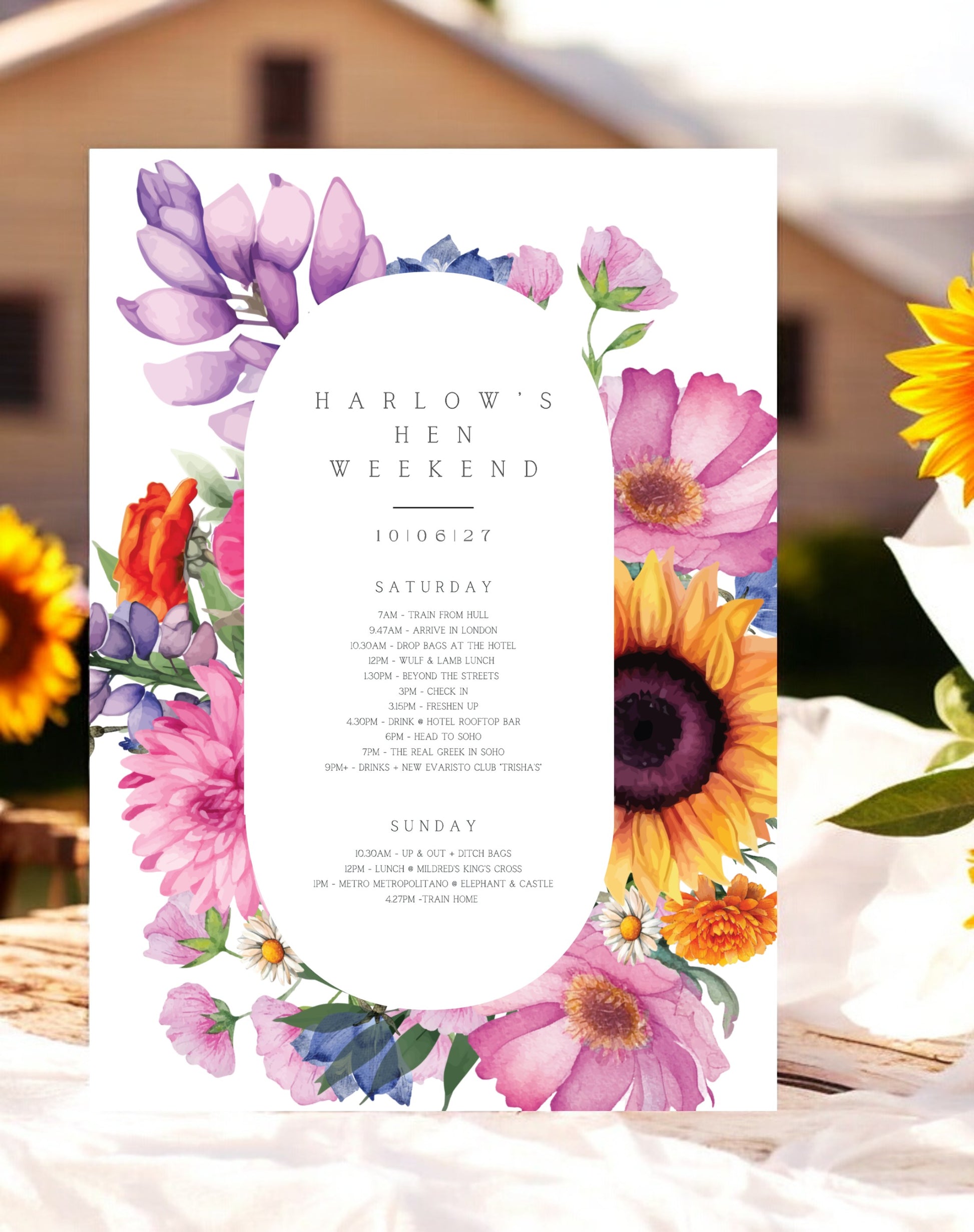 Harlow Sunflower Hen Itinerary & Invitation - Ivy and Gold Wedding Stationery