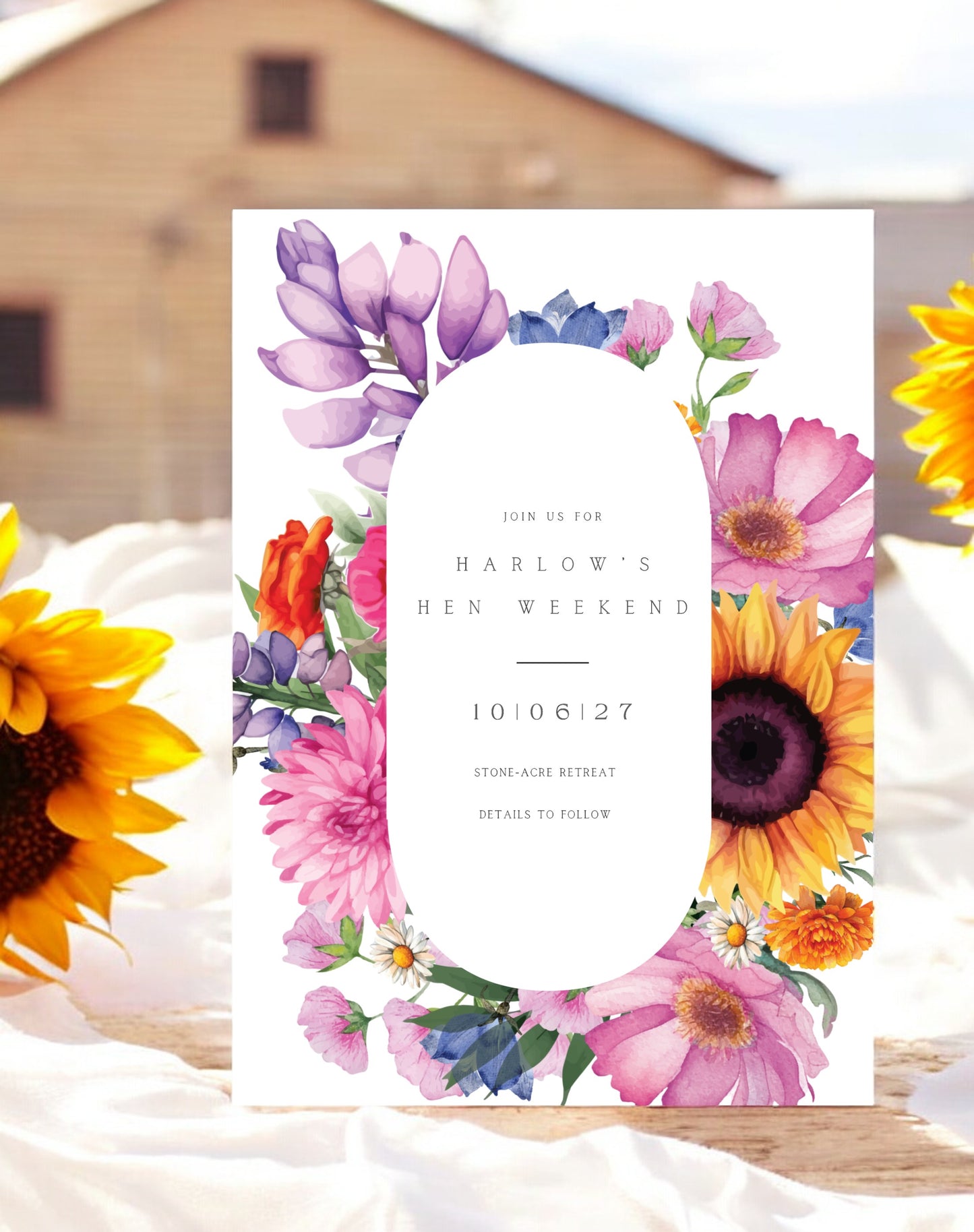 Harlow Sunflower Hen Itinerary & Invitation - Ivy and Gold Wedding Stationery