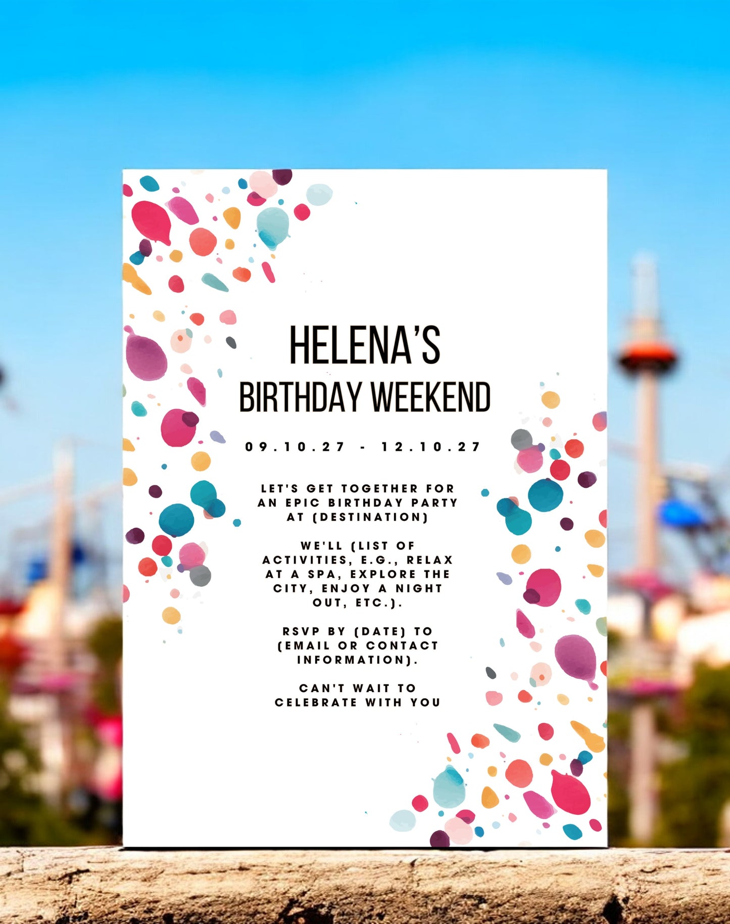 Helena Confetti Birthday Itinerary & Invitation - Ivy and Gold Wedding Stationery