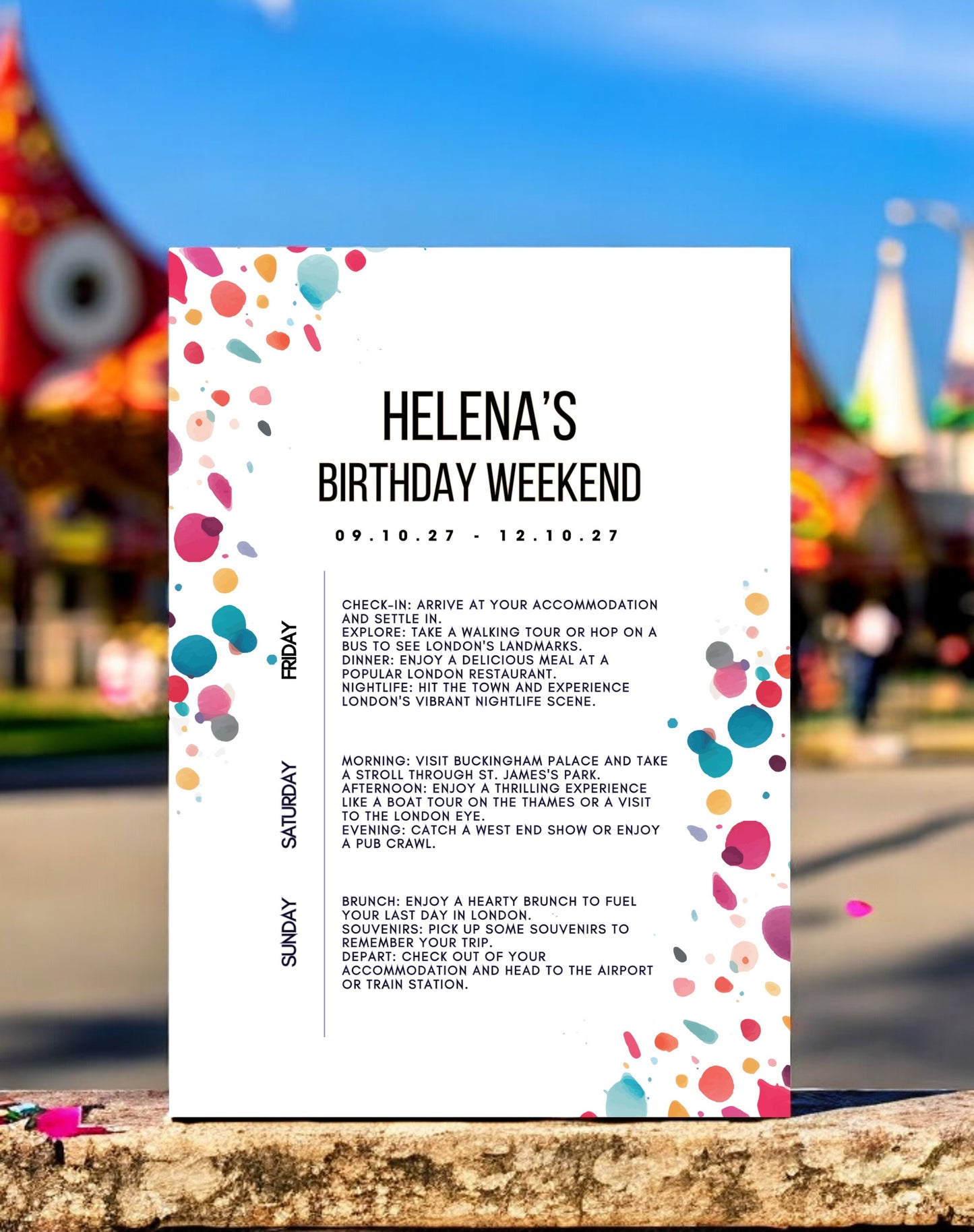 Helena Confetti Birthday Itinerary & Invitation - Ivy and Gold Wedding Stationery