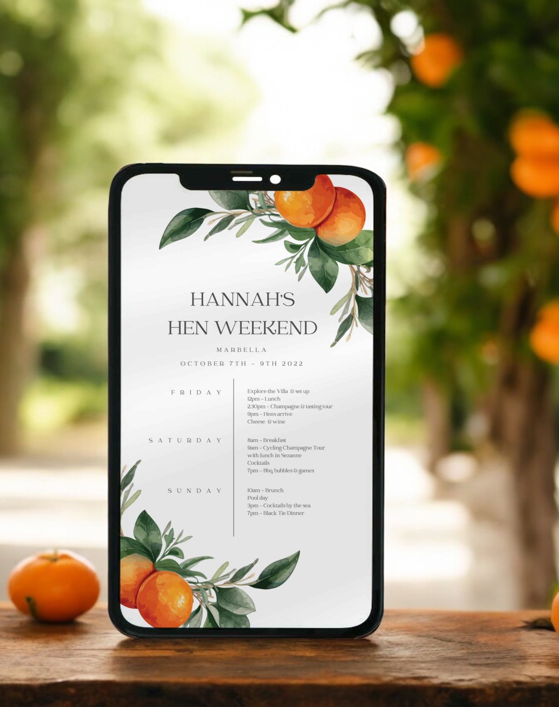 Hannah Citrus Hen Itinerary - Ivy and Gold Wedding Stationery