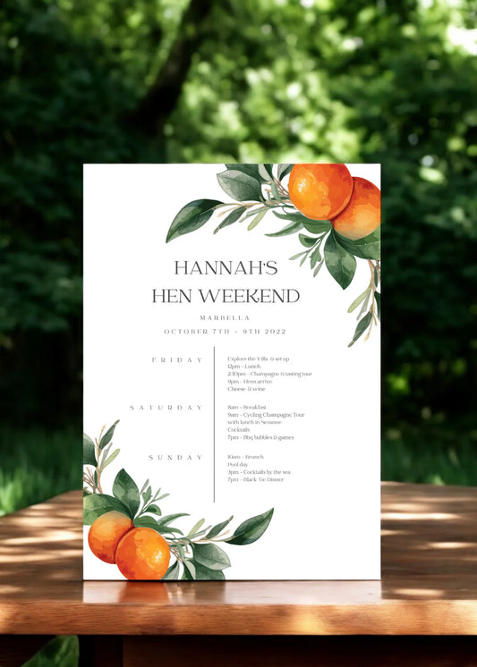 Hannah Citrus Hen Itinerary Digital Template